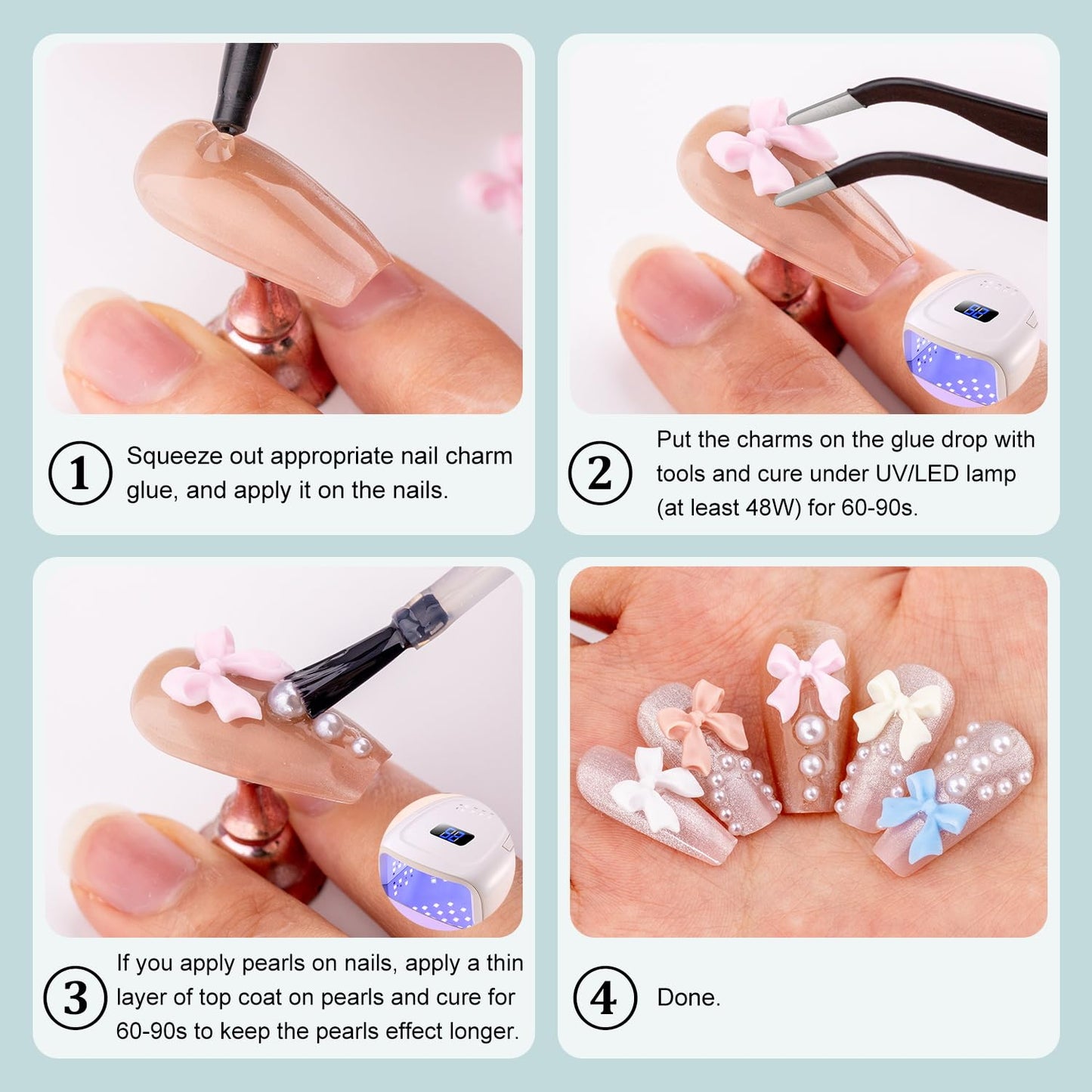 600 Pcs 3D Cute Nail Charms and Flatback Pearls Set 3, Pink&White&Black Nail Bows + Pink&White Star Heart Cute Nail Jewels + 2-4mm White Nail Pearls for Nail Art DIY Decoration with Pickup Tools