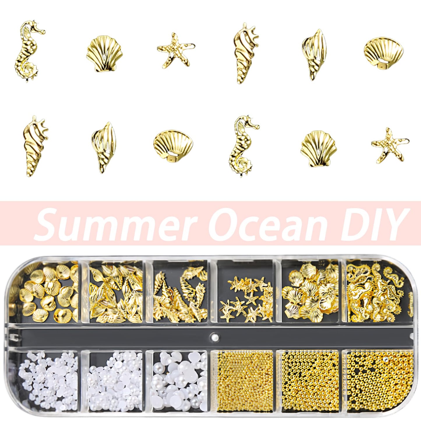 Summer Nail Charms 3D Steel Studs Metal Art Charms Pearls Seashell Starfish Gold Nail Rhinestones Ocean Theme Designs Conch Alloy Nail Rivets Caviar Beads Nail Supplies for Women Manicure 12 Grids