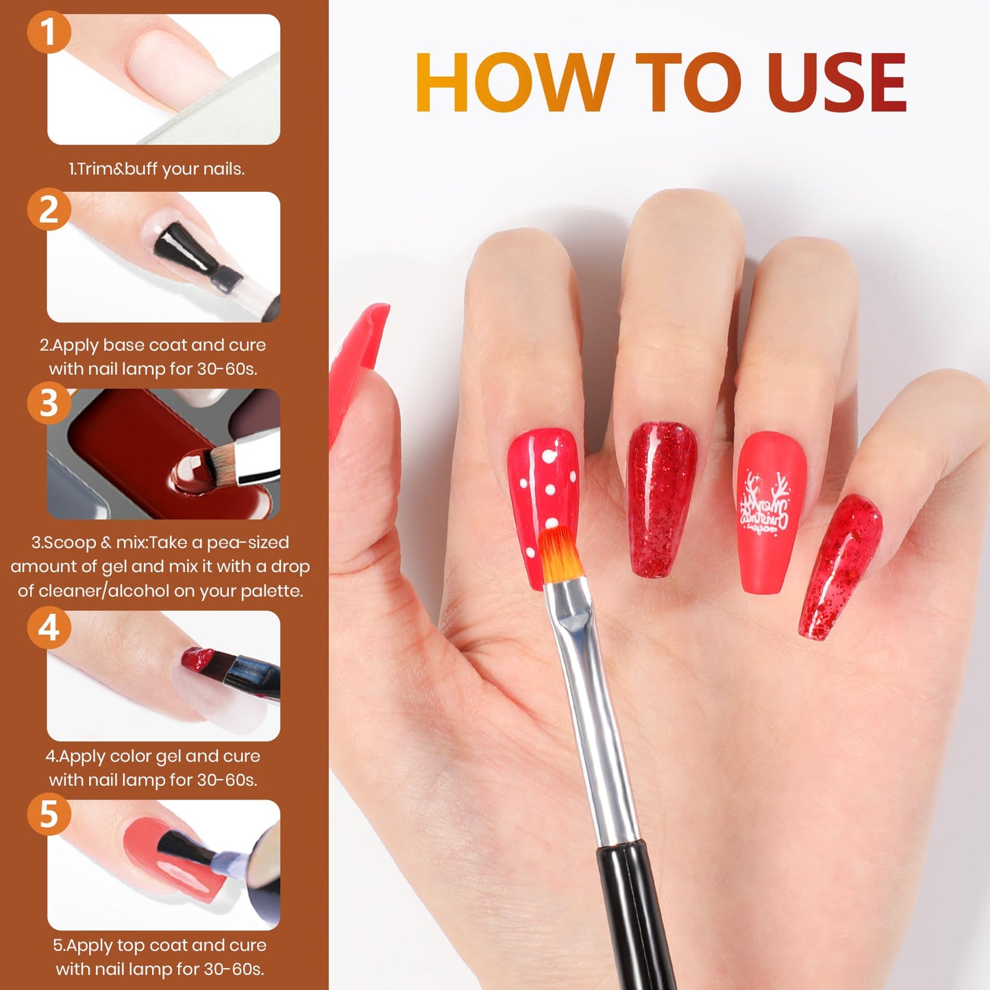 ABAC Fall & Winter Solid Gel Nail Polish Set Orange Yellow Burgundy Red Brown Purple Glitter Colors w/Pro Brush No-Spill,Hema-Free Gel Nail Kit Gifts for Women All Season