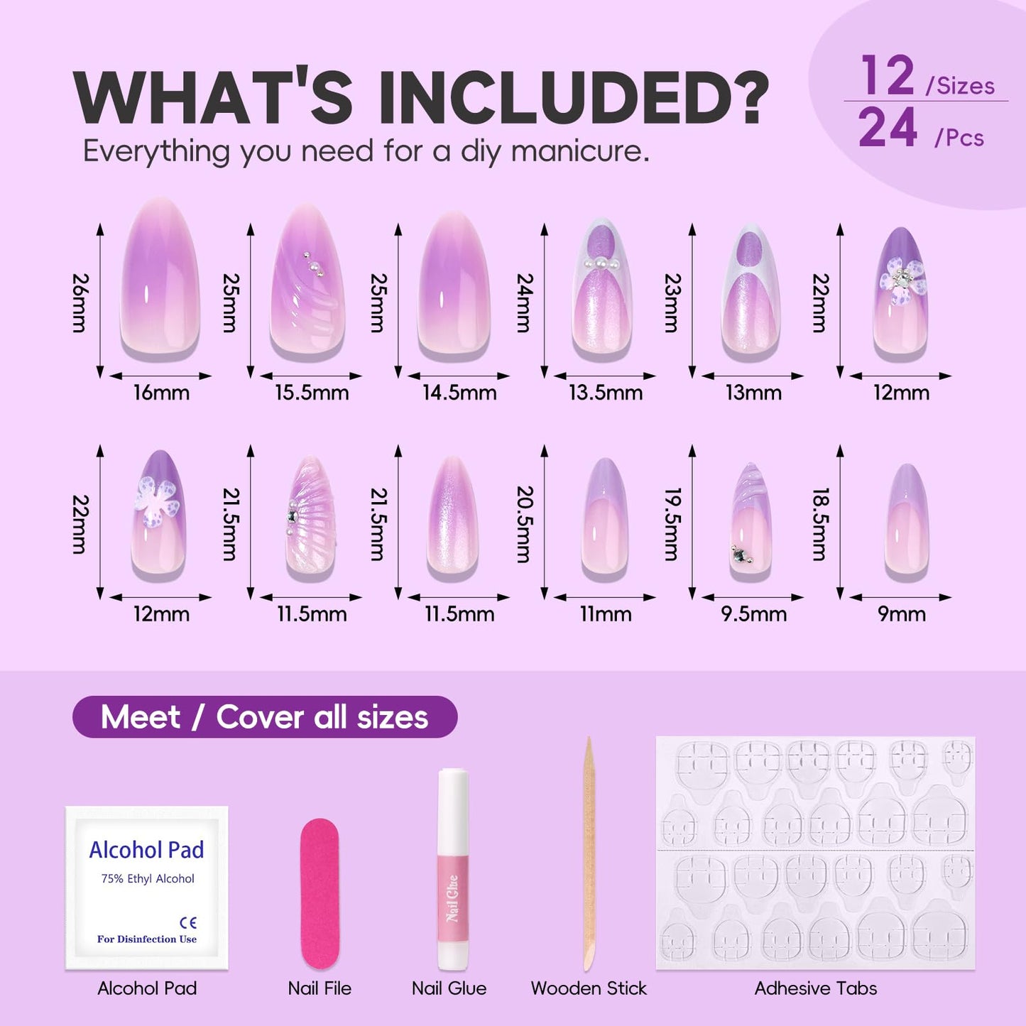 HOSAILY Purple Flower Press on Nails Medium Almond, 3D Spring Summer Floral Rhinestone Pearl Fake False Nails for Women, 24Pcs Glossy Full Cover Stick on Purple French Tip Nails with Glue