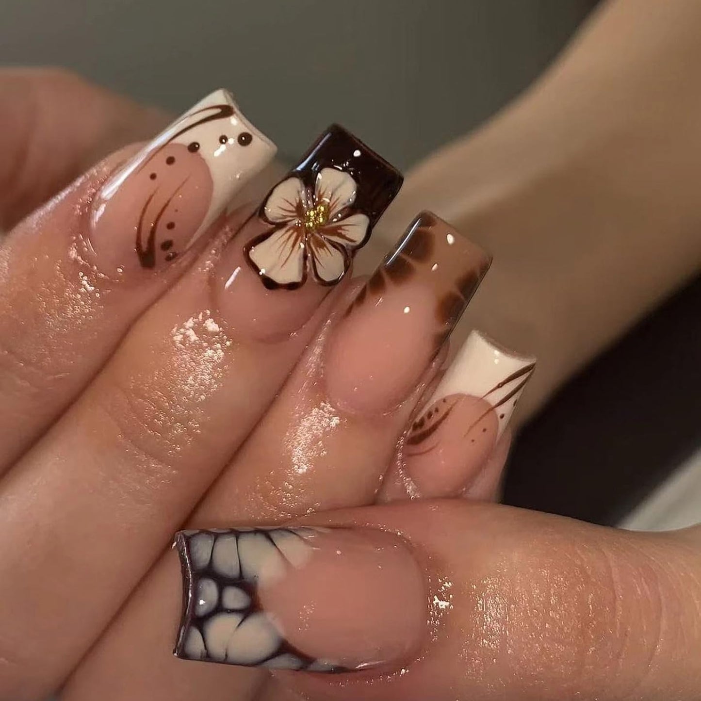 MISUD Press on Nails - Long Square Fake Nails with Fall Brown, Acrylic Autumn Flower Design 24 pcs
