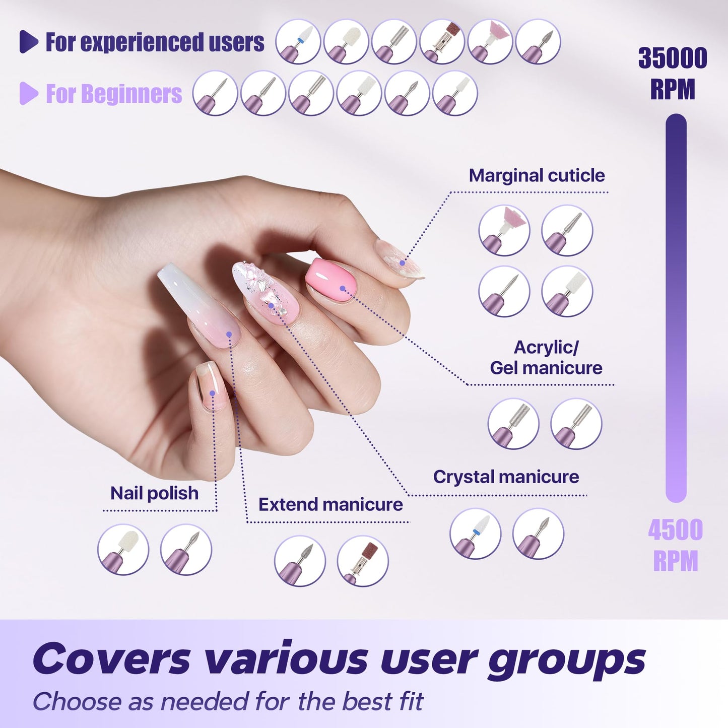 Breosic Electric Nail Drill Professional 35000RPM,Rechargeable Electric Nail File Cordless with 9-Speed & LED Display,12-in-1 Portable Manicure Pedicure kit for Acrylic Gel Dip Powder Nails (Purple)