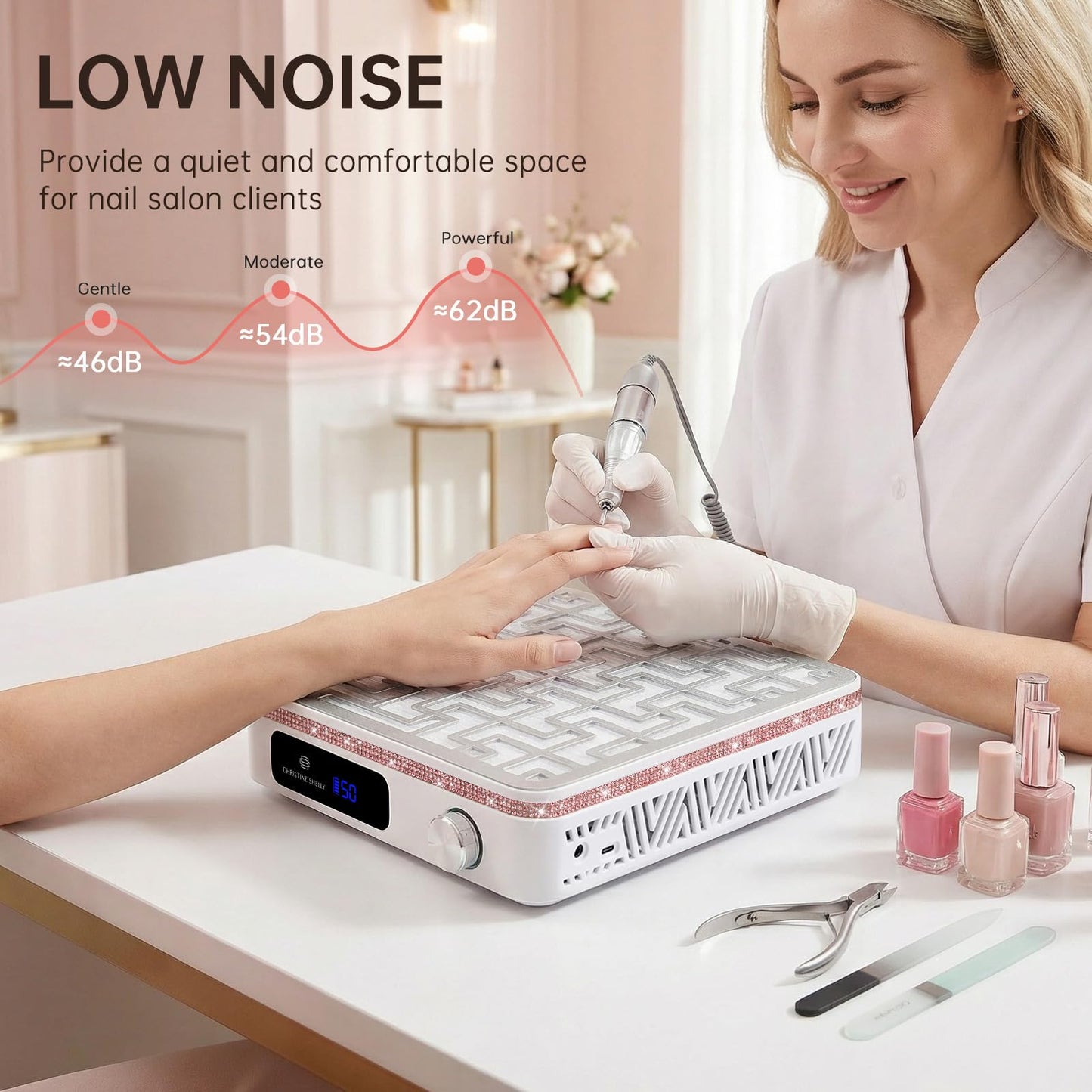 CHRISTINE SHELLY Cordless Nail Dust Collector, Professional Portable Dust Collector Nail Tech, Powerful 2400PA 19500RPM Nail Fan Vent Dust Collector Extractor with 50 Gears, Low Noise, Nail Salon