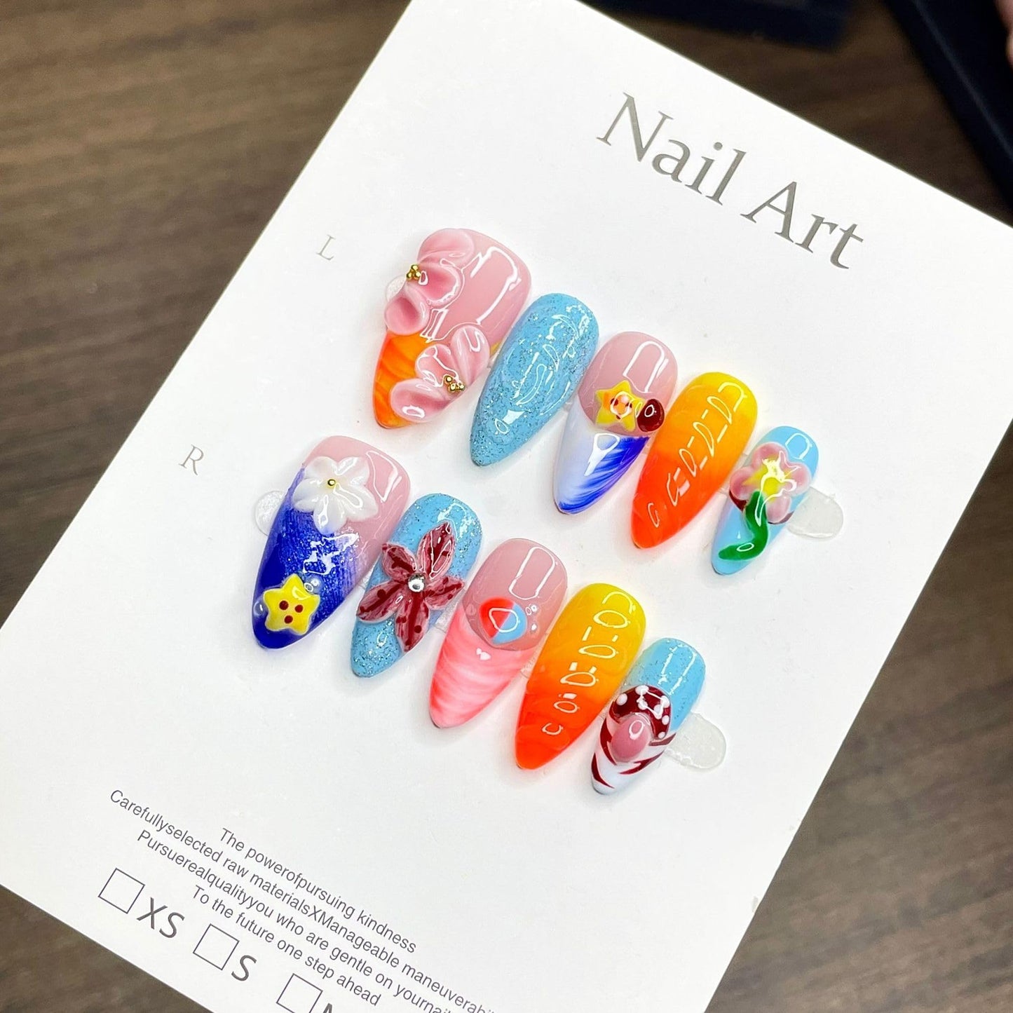 Vseegrs Summer Handmade Press on NailsAlmond Short Colorful 3D Flowers Artificial False Nails with Designs Embossed Starfish Acrylic Nail Press ons Cute Charms Press on Nail Kit for Women 10pcs (L)