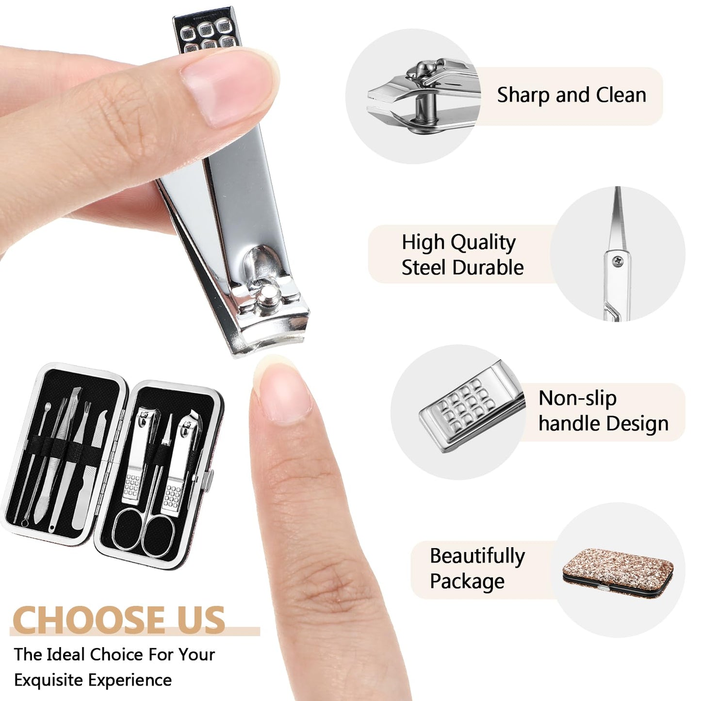 Geosar 12 Set 8 in 1 Manicure Gifts for Fathers Day Bulk Stainless Steel Nail Clippers Kit Pedicure Care Tools with Leather Case Travel Grooming Kit Gift for Women Men Hands Foot(Glitter Rose Gold)