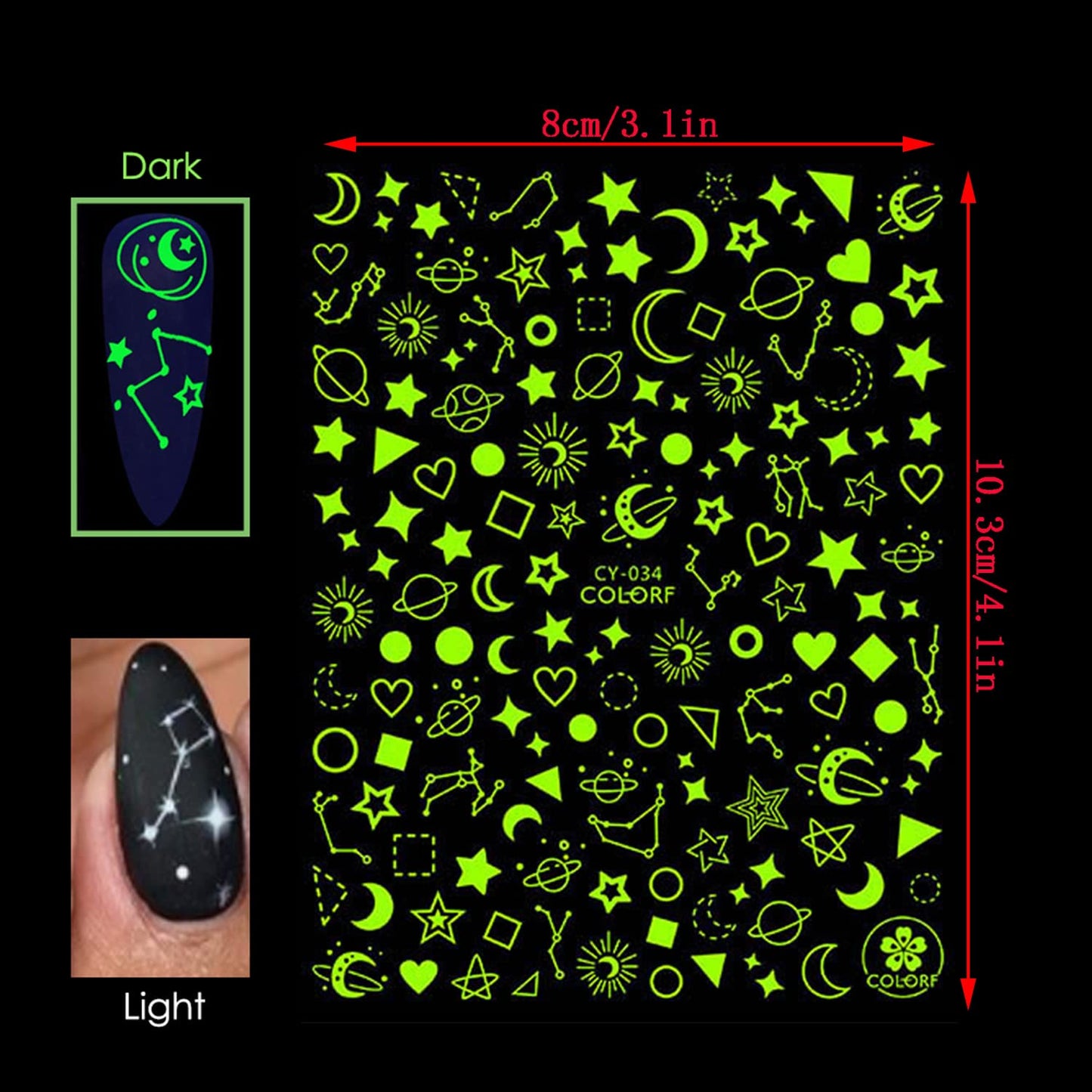 Luminous Nail Art Stickers, Fluorescent Nail Self-Adhesive Decals, Glow in The Dark Nail Art Design, Sun Moon Stars Love Heart Nail Sticker Decoration for Women Girls Manicure 3D Nail Decal(6 Sheets)