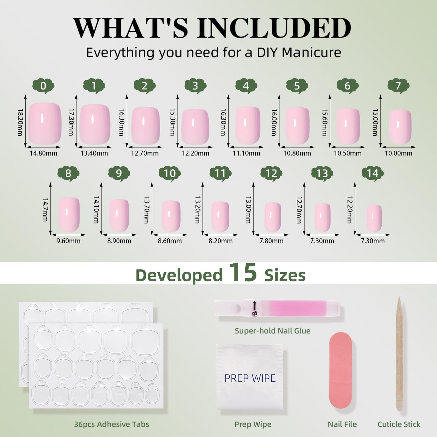 Pink Press On Nails Square - Pink Short Square Fake Nails, Press On Nails Reusable Stick On Nails in 15 Sizes, 30pcs False Nail Kit for Women & Girls (GirlyPink)