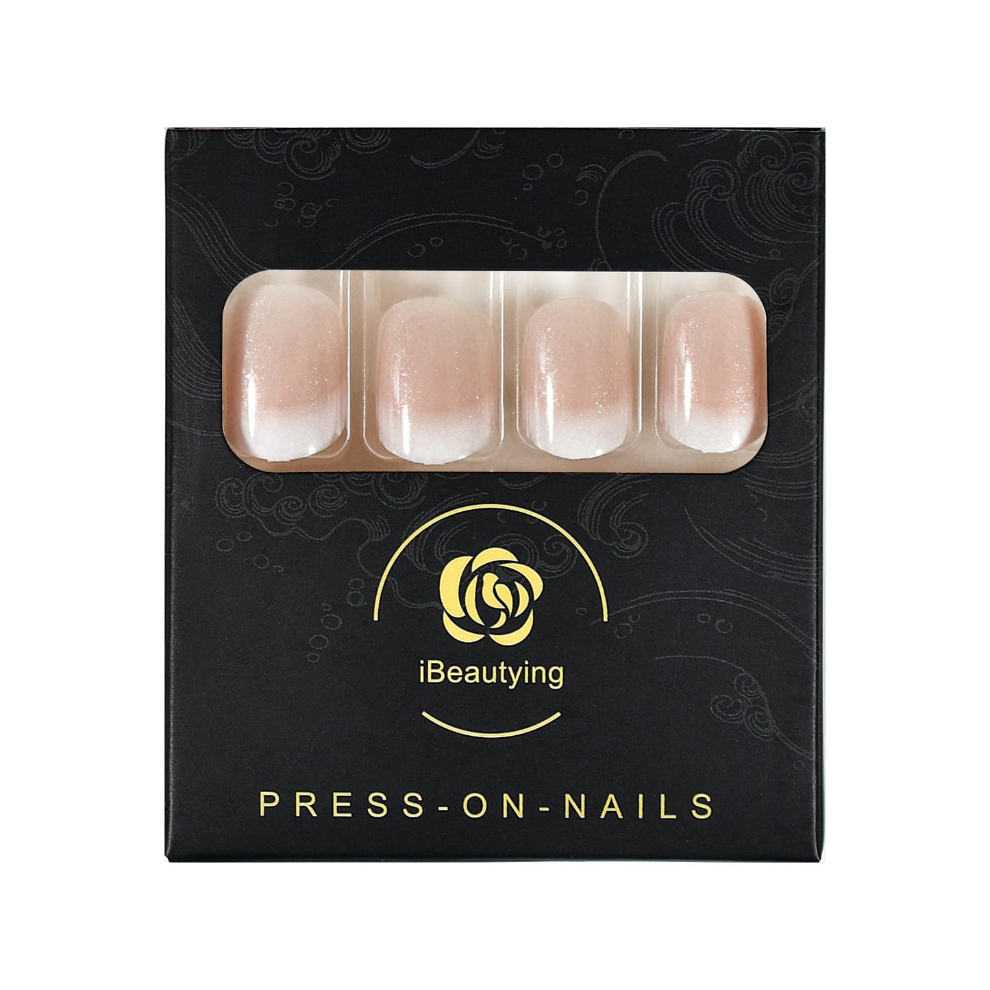 iBeautying Gel Press on Nails - Natural Classic French False Nails | Pink Short Squoval Round Reusable Fake Nails in 10 Sizes - 24 Nail Kit with Jelly Glue Pad