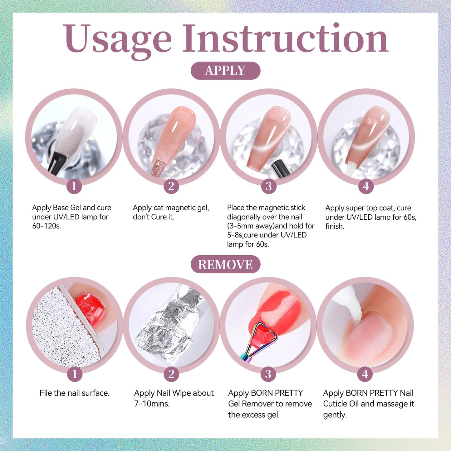 Born Pretty Spring Summer Cat Magnetic Eye Gel Nail Polish Set, 6 Colors Water Light Jelly Pastel Shimmer Glitter Glass Crystal Magnetic Gel Polish, Soak Off U V Gels for Salon DIY 7ML