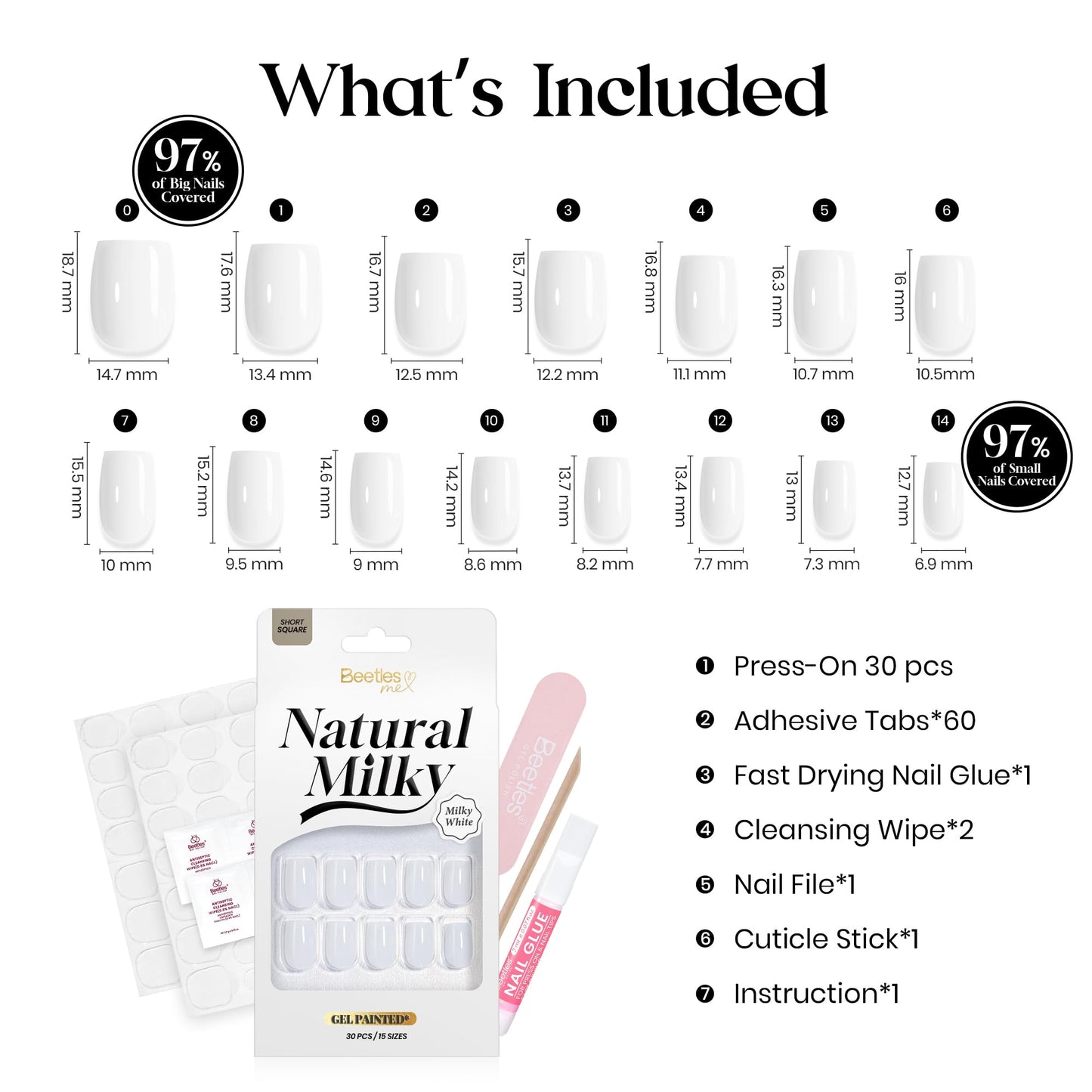 Beetles Natural Milky White Press On, Short Square Press On Nails, Soft Nail Gel Nail Kit with Fast-Dry Nail Glue & Adhesive Tabs, 30pcs 15 Sizes, Stick-On Nails for Girls & Women