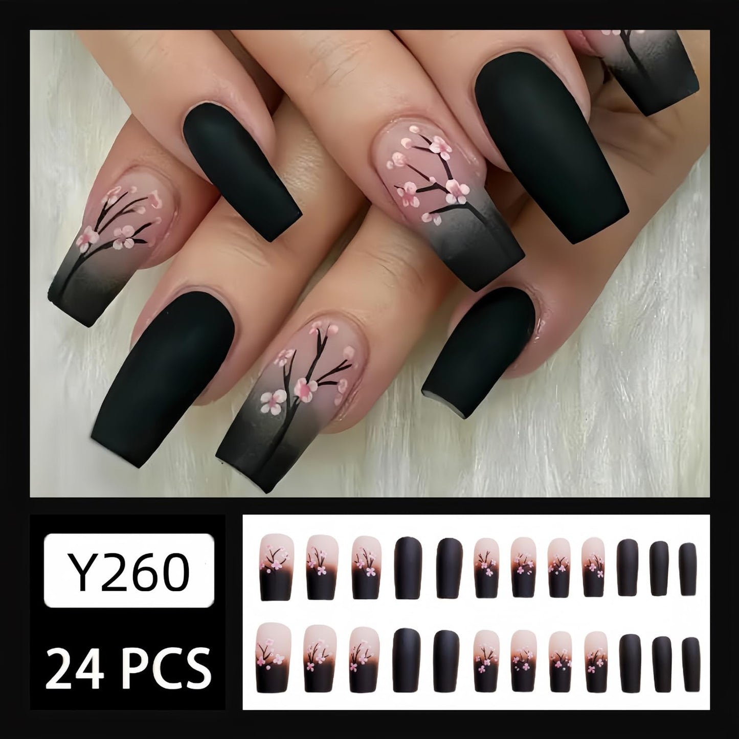 CJDLTS 24Pcs Flower Press on Nails Medium Black French False Nails Pink Floral Pattern Design Coffin Nails Full Cover Acrylic Nails Ballet Shaped Stick on Nails Artificial Glue on Nails for Women