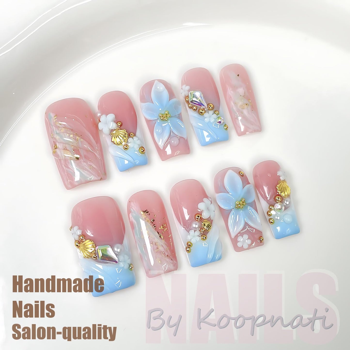 Summer Press On Nails Beach Handmade Press Ons Short Duck White Homemade Press On Nails French Tip With 3D Design Fake Nail Art For Women S