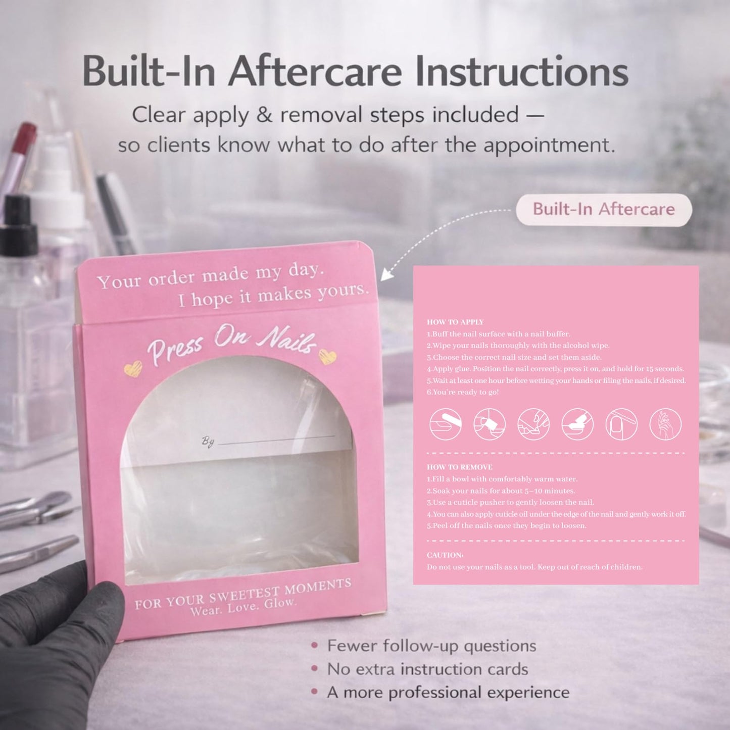 Press On Nails Packaging Boxes Bulk 20 Pack for Nail Tech & Small Business Vendor with 20 Instructions & Signature Cards 30 Adhensive Double Sided Tape 3.5"x3.2" PVC Window