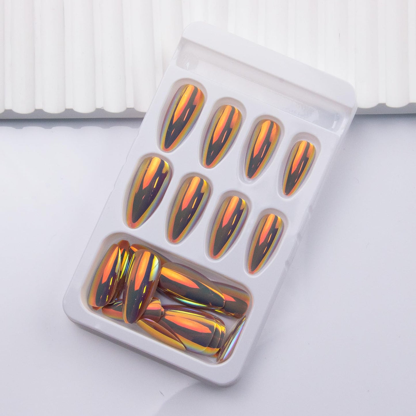 Chrome Press on Nails Almond Fake Nails Metal Mirror False Nails Glossy Medium Acrylic Nail Press ons Full Cover Holographic Shiny Glue on Nails for Women Girls Manicure 24Pcs