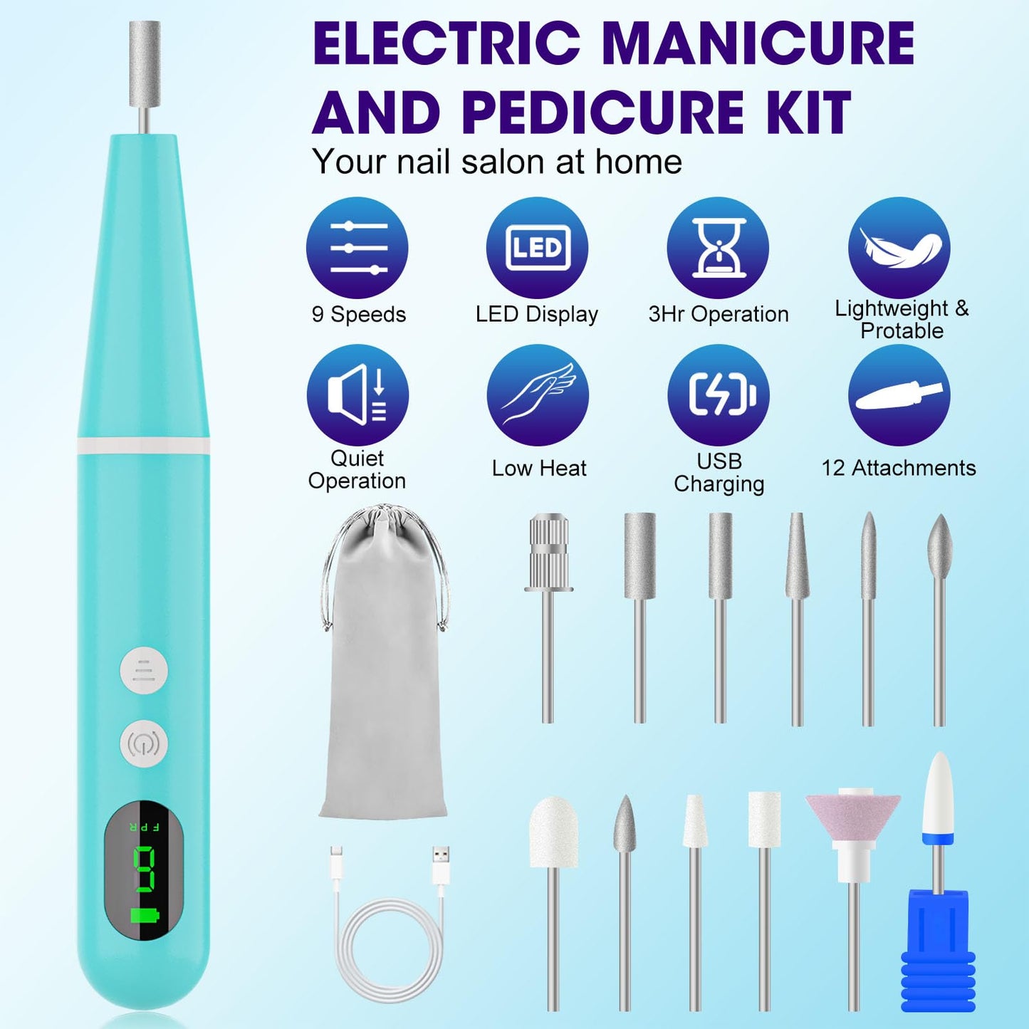 Cordless Nail Drill, Super Lightweight Electric Nail File, Low Noise Electric Nail Drill with 9 Speed & LCD Display, Toenail Grinder for Thick Nail Toenail Cuticle Human Women Baby Pets
