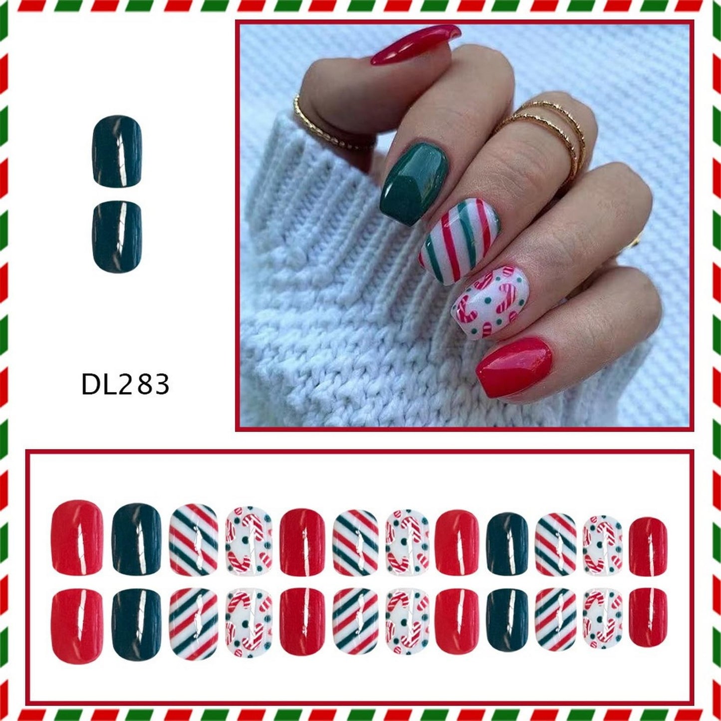 24 Pcs Christmas Press on Nails Short Square Fake Nails with Crutch and Candy Reusable Christmas False Nails with Red and Green Stripes Design Xmas Acrylic Nail for Women Manicure Decoration