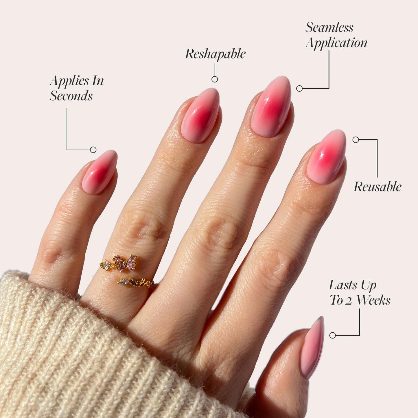 Glamnetic Press On Nails - Blushing Aura | Short Almond Trendy Pink with Ombre Center Fake Nails in a Glossy Finish | 15 Sizes - 30 Nail Kit with Glue