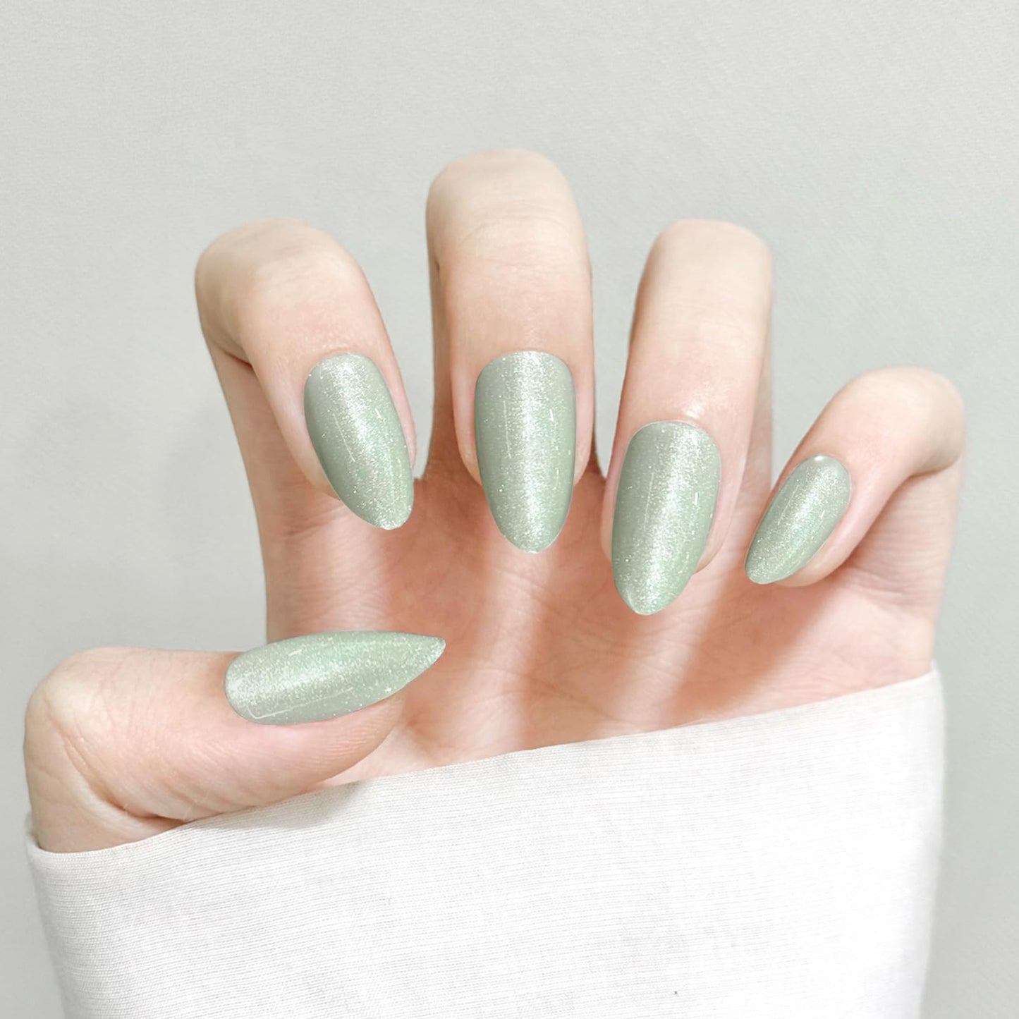 Green Almond Cat Eyes Press On Nails,12 Sizes - 24 Pcs Soft Gel Green Medium Fake Nails Kit with Nail Glue, Natural Reusable Stick On False Nails for Women and Girls SK1026