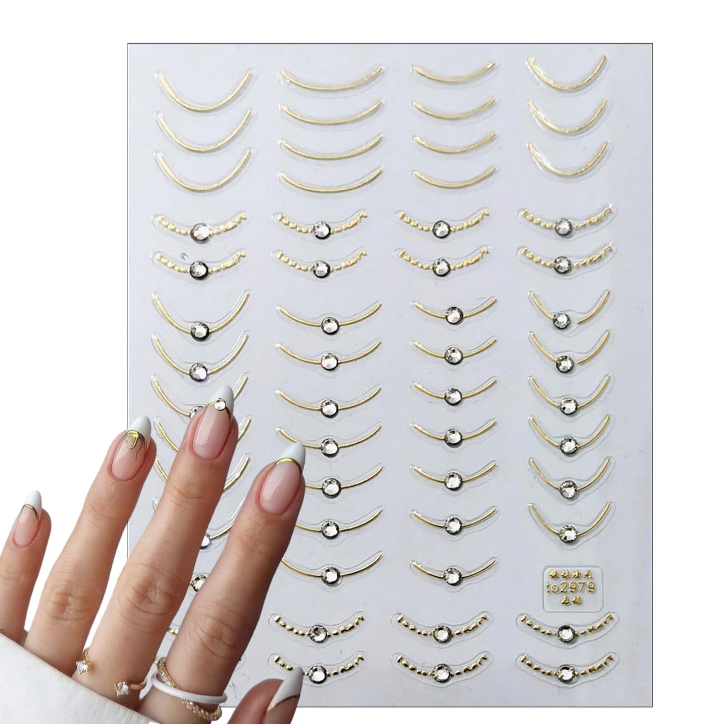 2 Sheets French Tips Nail Art Stickers - 5D Holographic French Simple Gold Silver Line Nail Stickers with Crystal Diamond Design Nail Decals for Women Manicure Decorations