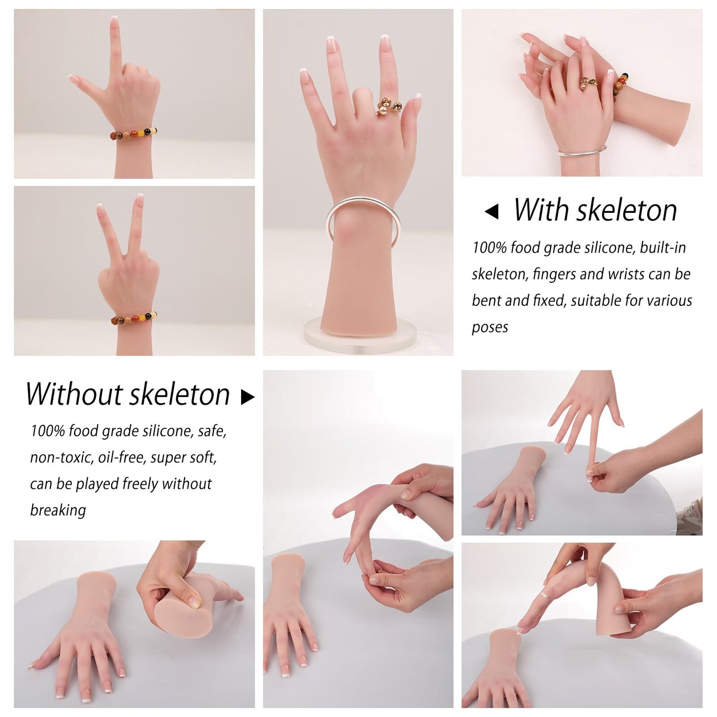 MOTLEYBEAN Realistic Silicone Female Hand Life Size Female Model Hand for Showing Jewelry Pranksters Halloween Props Photography Props (Ivory,Left Hand-Without Skeleton)