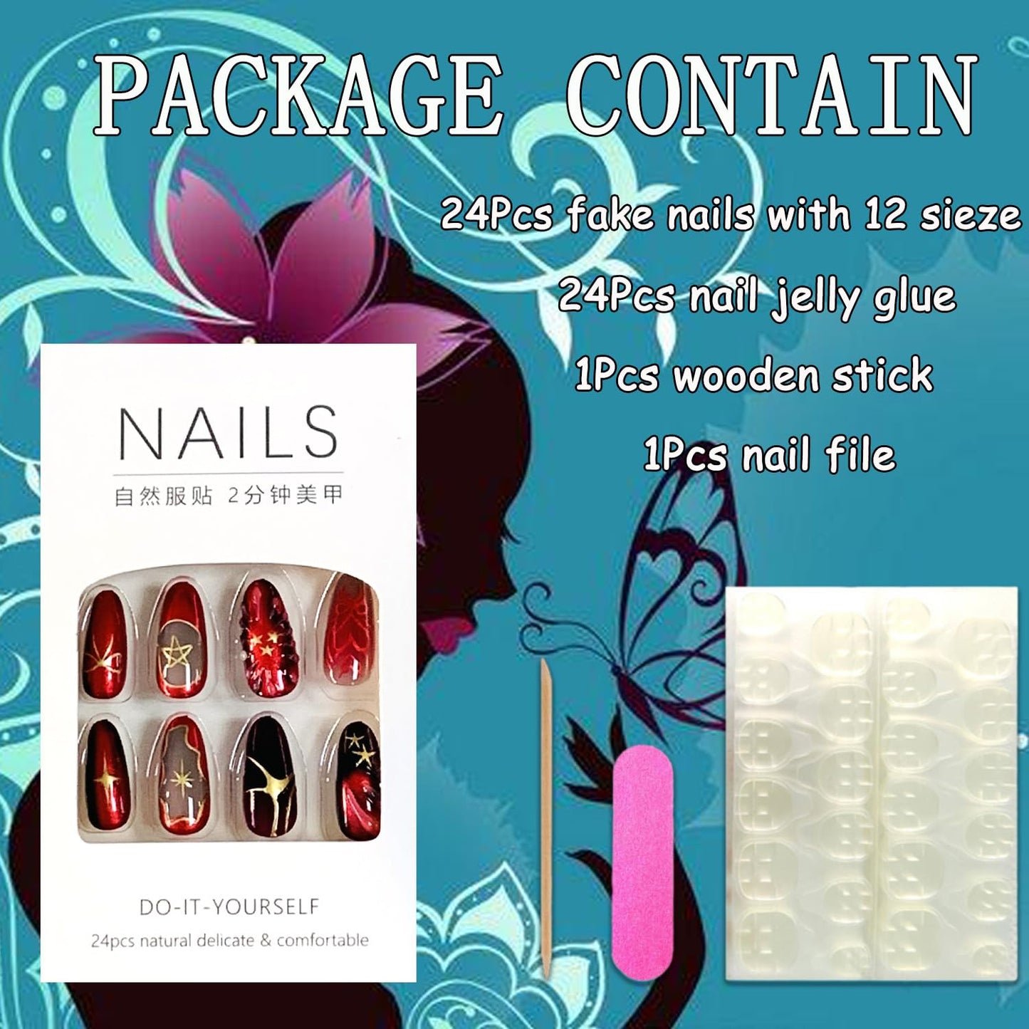 EYZOTSF Press on Almond Nails Medium Length Glossy Full Cover Acrylic Almond Shaped False Nails with Designs Artificial Fake Nail with Charms Glue Stick ons Fingernails for Women Girls(W2027)