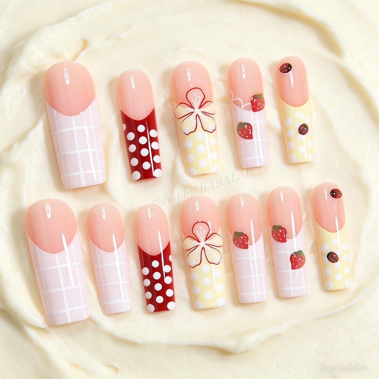 BABALAL Press On Nails, Long Square Fake Nails, Pink Yellow With Strawberry, Floral & Polka Dot Design, Cute Summer Glossy Full Cover Reusable Glue On Nails For Women And Girls 24Pcs
