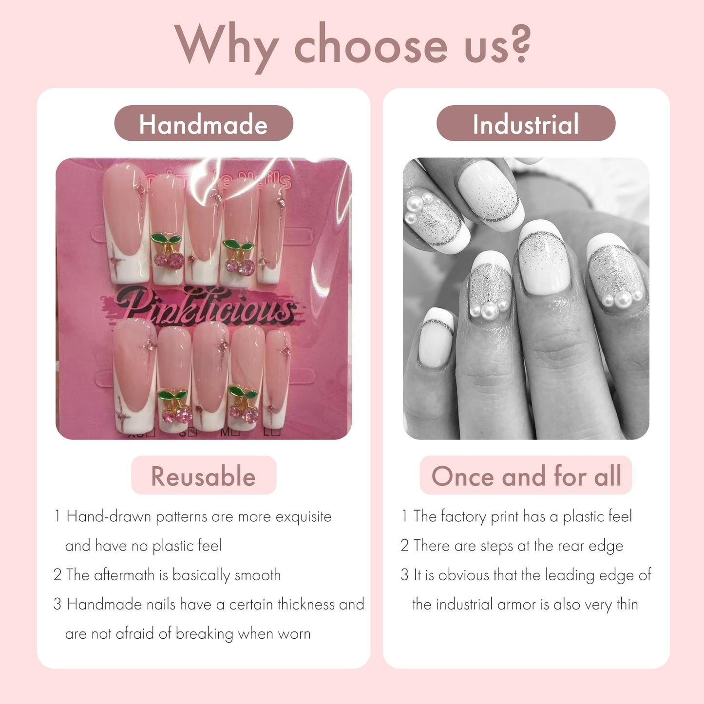 Pinktlicious Pink French Tip Press On Nails - Long Coffin Reusable False Nails with Cherry Rhinestones, Glue-On Artificial Nails for Women’s Daily & Party Manicure (L)