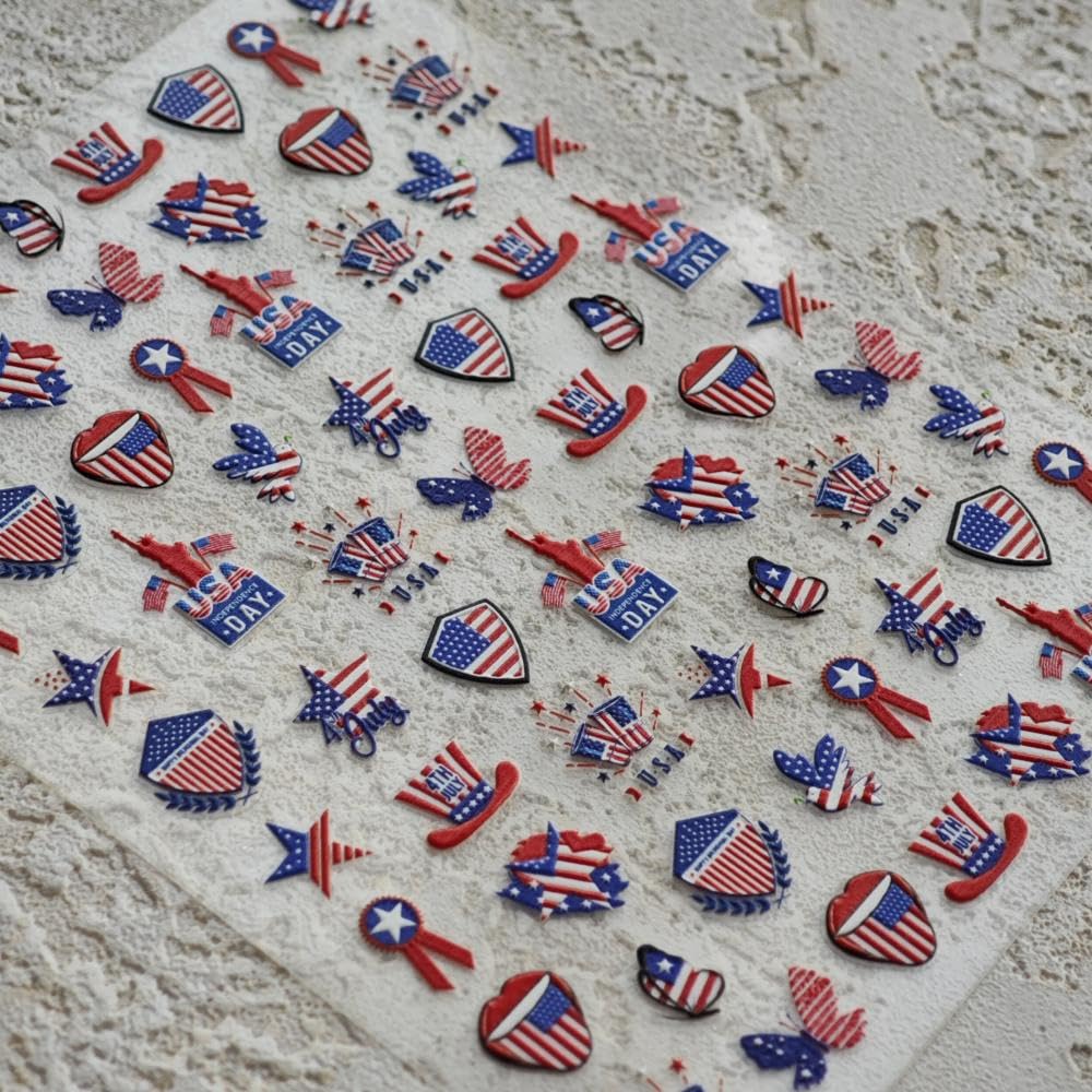 Independence Day Nail Stickers 5D Embossed Red Blue Star Summer Nail Decals Self-Adhesive Peace Dove Uncle Sam Hat Nail Designs 4th of July Nails Art Decoration for Women Manicure 1 Sheet
