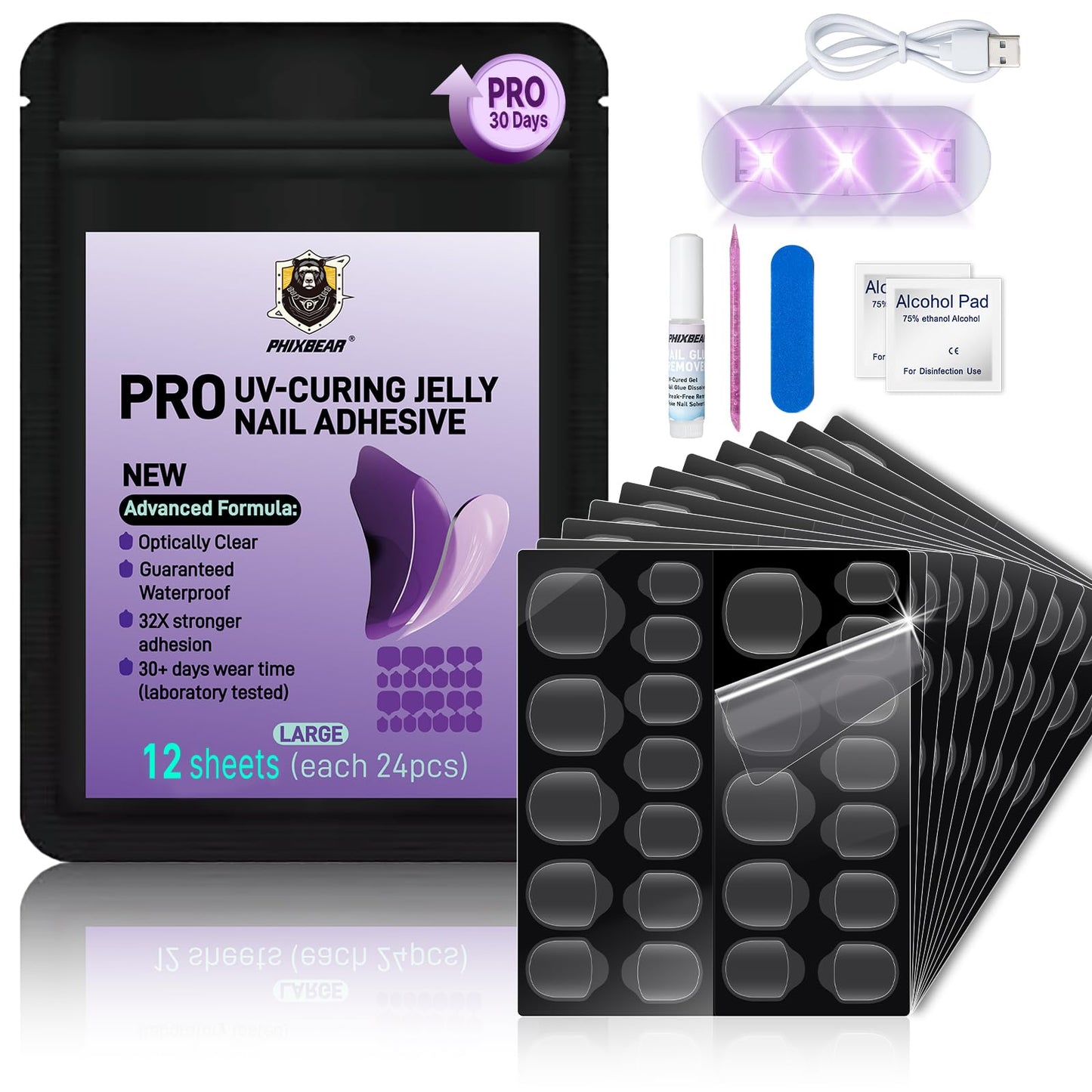 PHIXBEAR PRO UV Jelly Nail Adhesive Tabs Glue Stickers (288pcs), 32X Strong UV Nail Glue for Press Ons, Waterproof Super Sticky Long Lasting, Large 12 Size Easy Remove