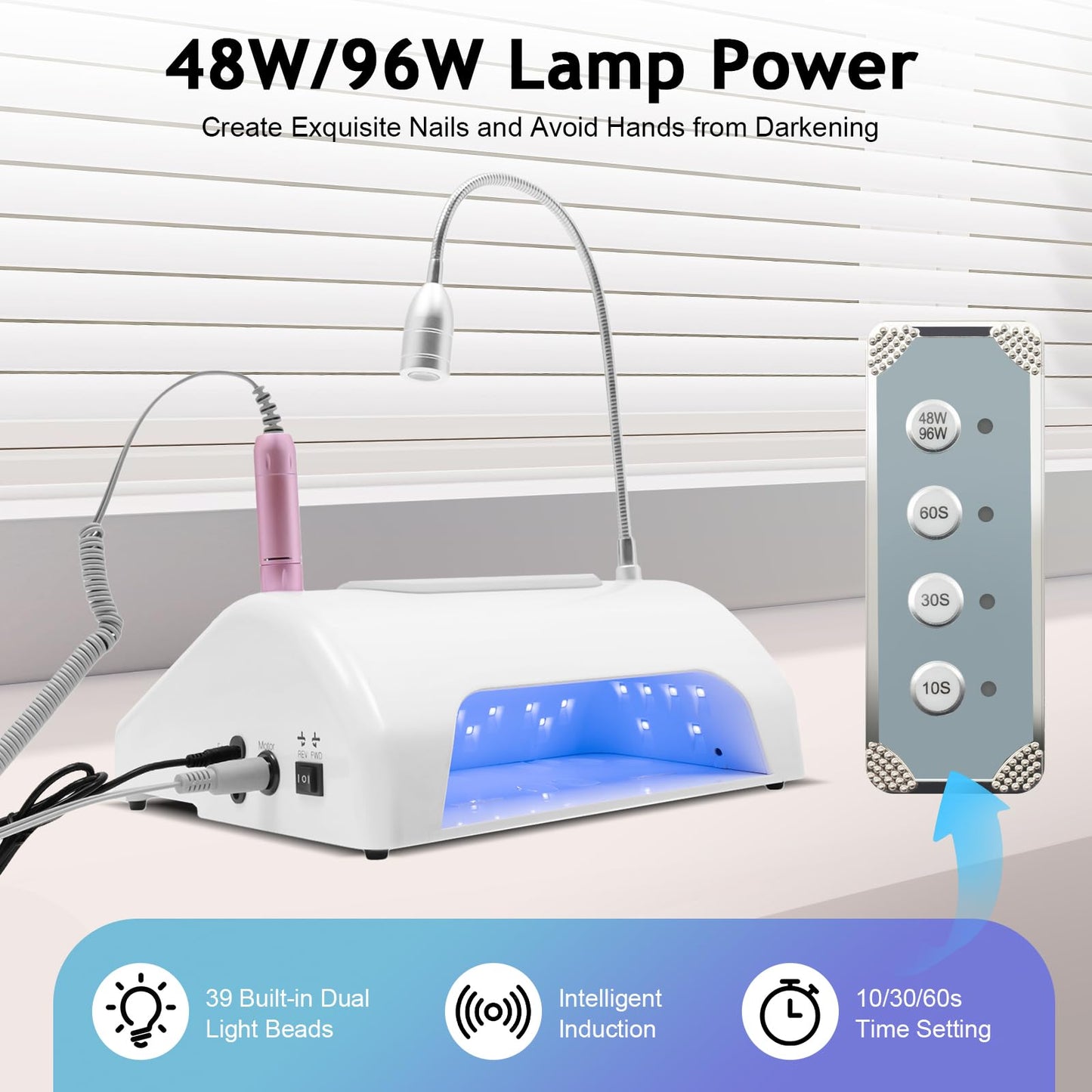 WINNIESHOP 5 in 1 Nail Lamp 30,000 RPM Electric Nail File with Nail Dust Collector, Grinding Head Suits , UV/LED Lamp & LED Desk Lamp Low Noise Professional Nail Drill Kit for Salon & Home (Style 1)