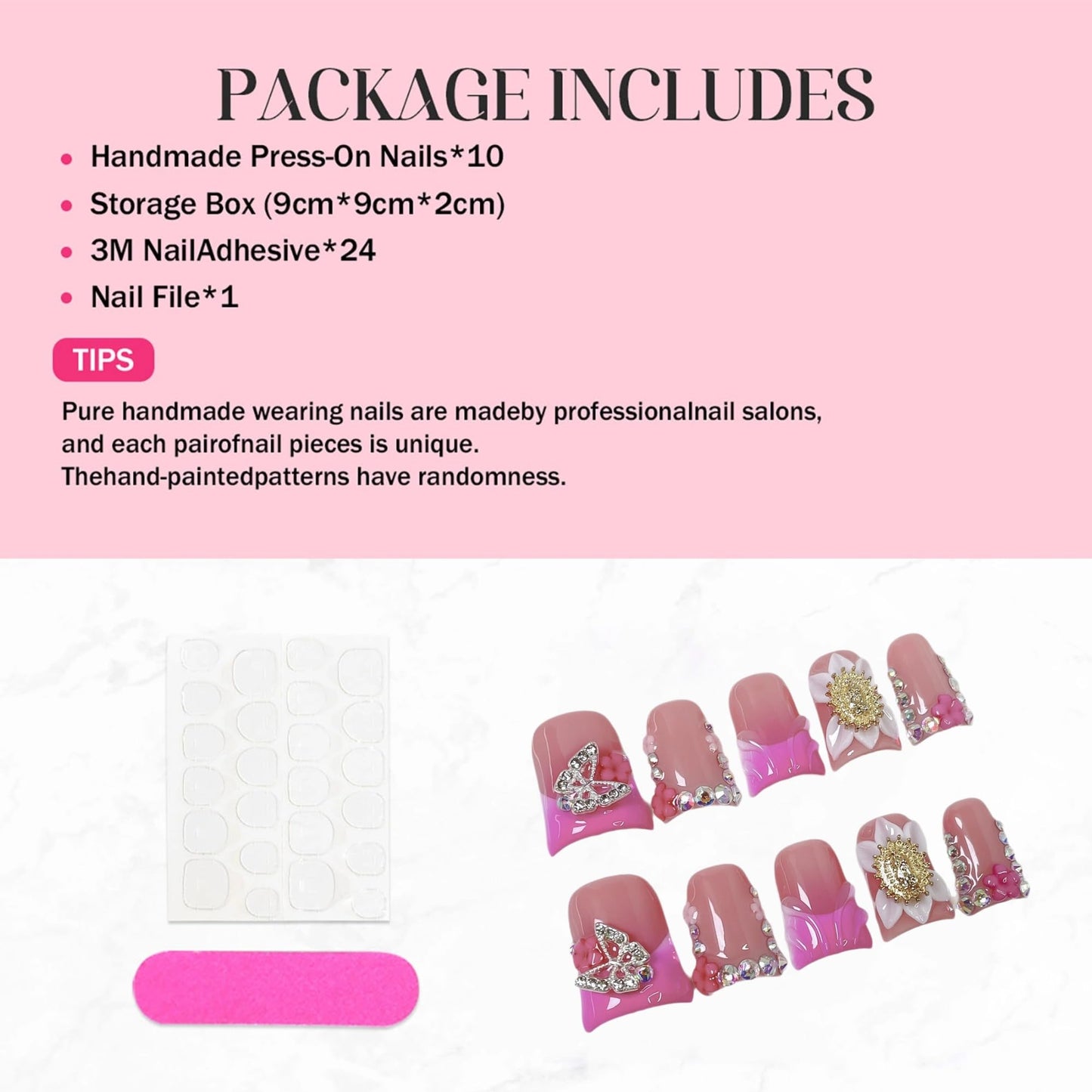 Handmade Press on Nails Duck Medium Fake Nails Pink French Tip Acrylic False Nails with 3D Flower and Rhinestone Butterfly Design Duck Nails Press ons Luxury Full Cover Stick on Nail for Women (M)