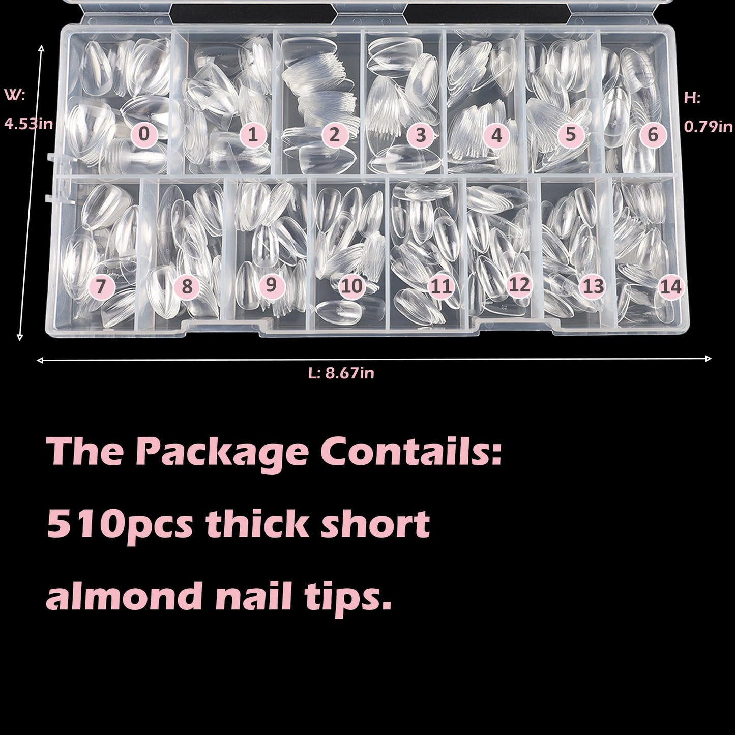 Wellquinn Short Almond Nail Tips, 510Pcs Thick Almond Full Cover Fake Nails, Clear Press-On Nails French Acrylic False Nail Tips for Salon Home DIY 15 Sizes