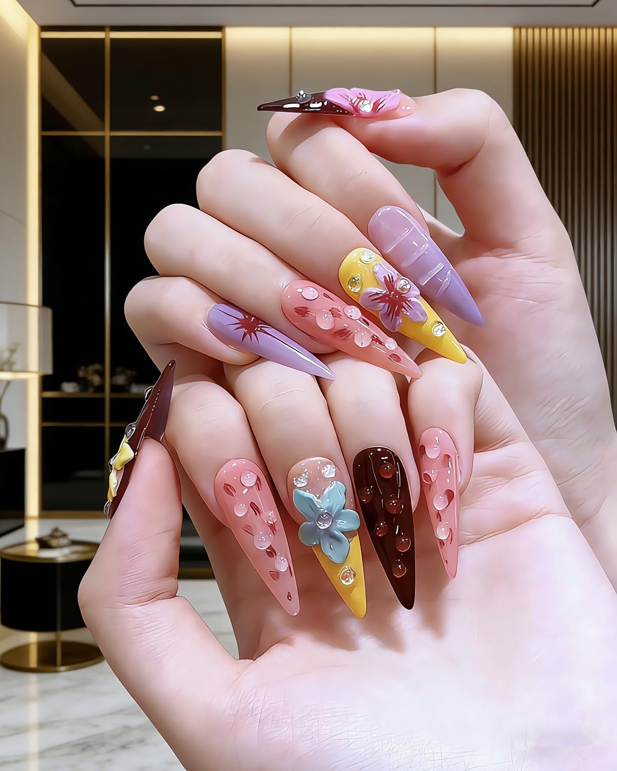 CAMILCY Luxury Handmade Press on Nails Long Almond Tip Stiletto Glossy 3D Flower Salon Hand painted Fake Nails Chocolate Pink Purple Reusable Nails Full Cover Acrylic Nails for Women 10psc (B08, S)