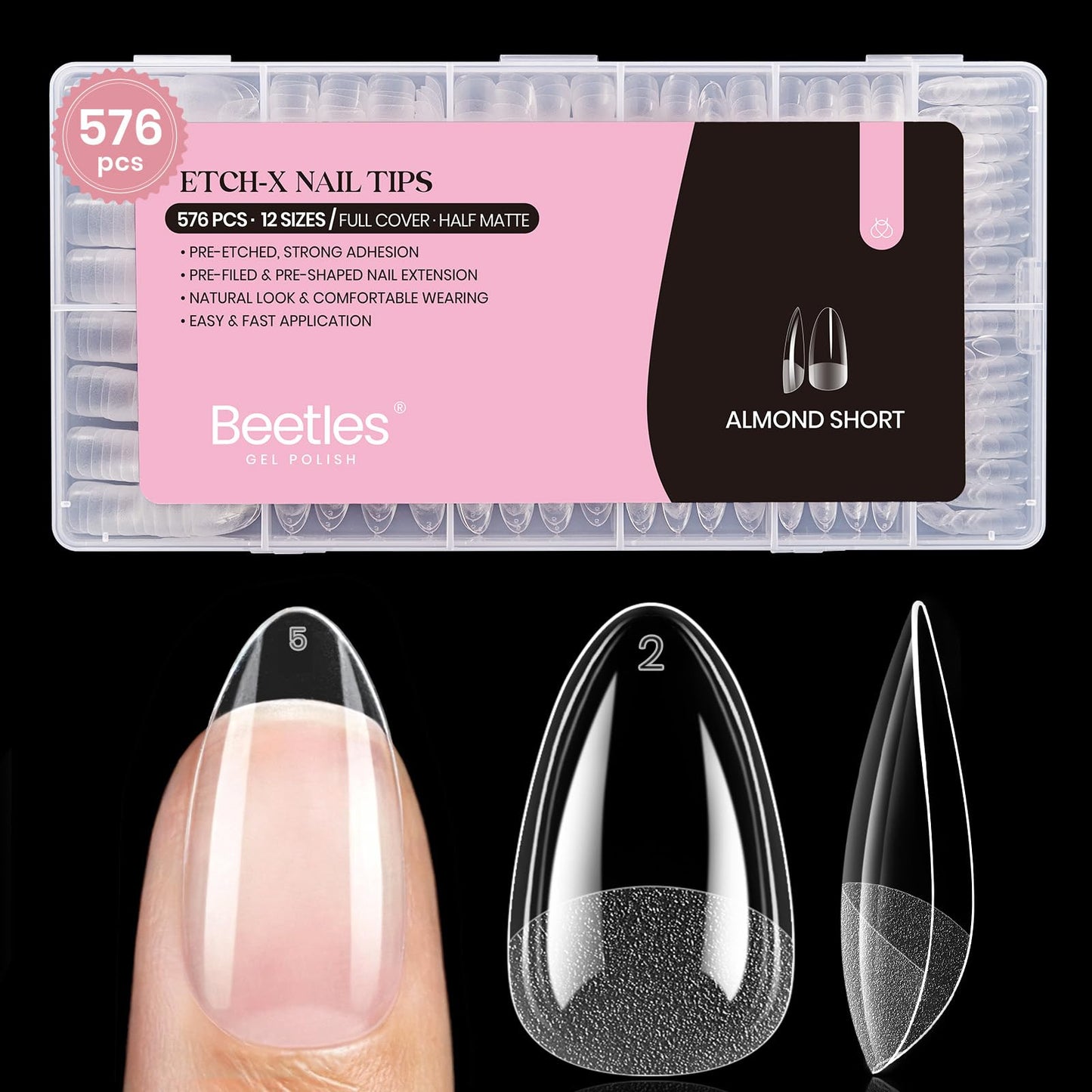 Beetles Gel Nail Tips 576Pcs Pre-shape Short Almond Etch-X Nail Tips,12 Sizes Soft Acrylic False Nail Tips Half Matte Full Cover Easy DIY Press On Nail Extensions Art Salon Gift Set for Women