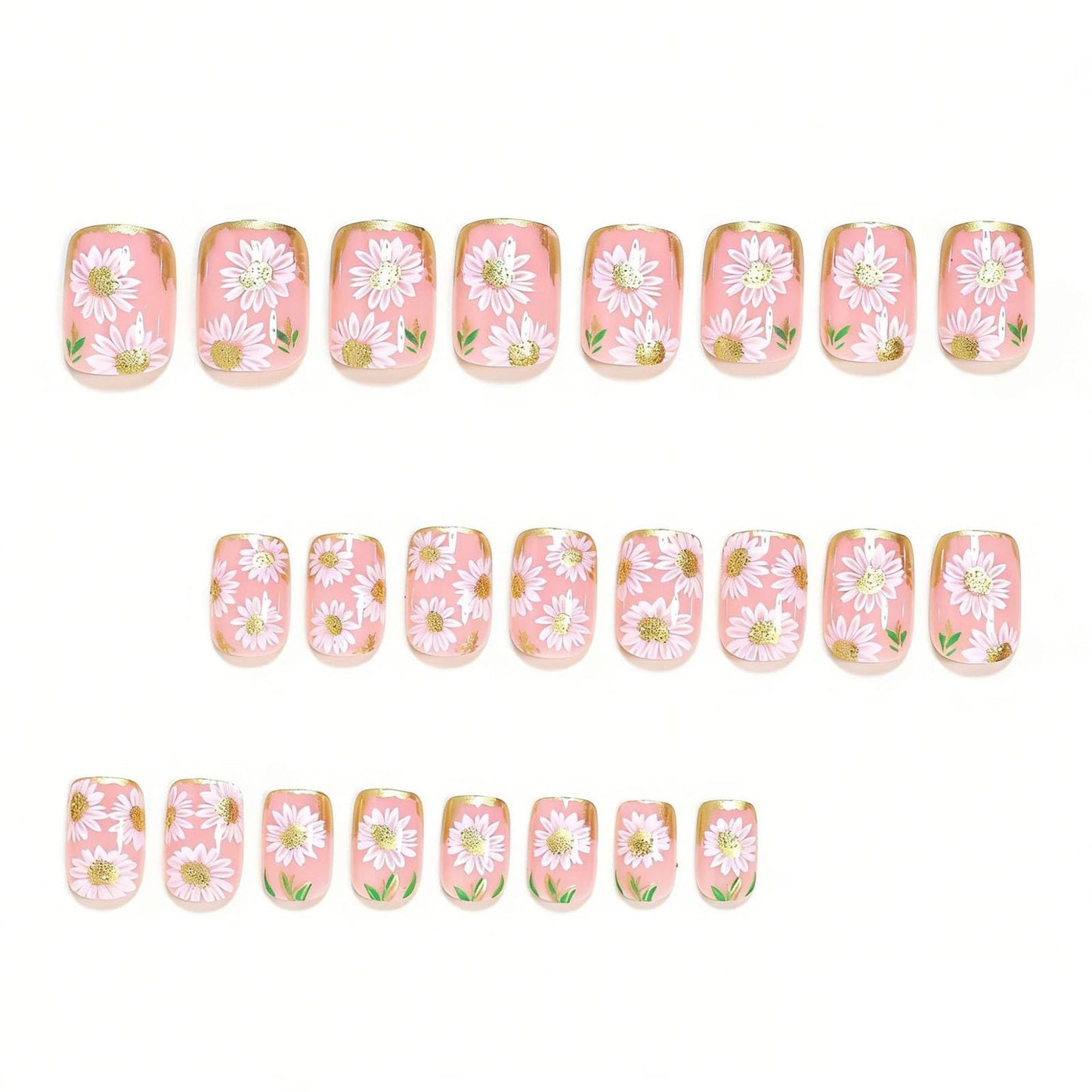 French Tip Press on Nails Short Square - Fake Nails Press ons with Gold Foil & Daisy Flower Design Manicure Set, Light Pink Full Cover Glue on Nail for Women Wedding & Casual Occasions