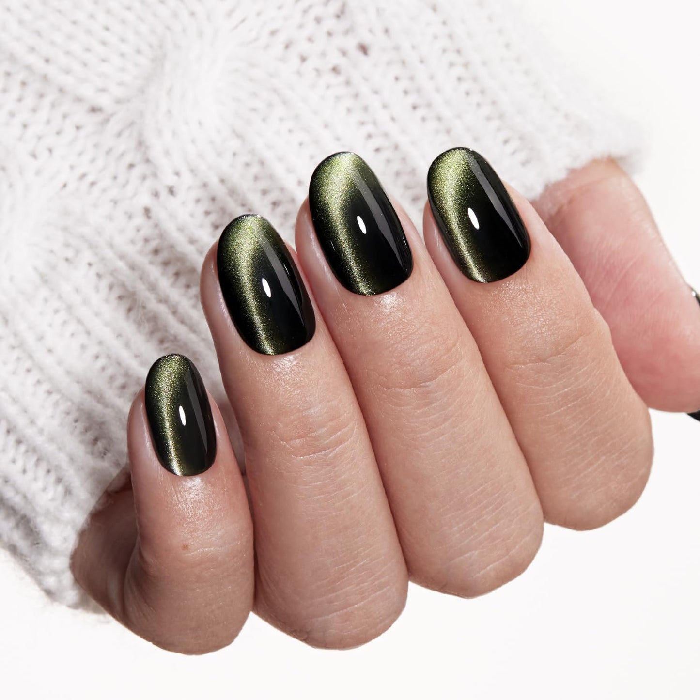 VSALON Press on Nails Short Oval - Dark Green Cat Eye Holographic Glitter Spring Fake Nails, Reusable Opaque Gel Glue on Nails with Glue & Cuticle Oil - 32 PCS Stick on Nails in 16