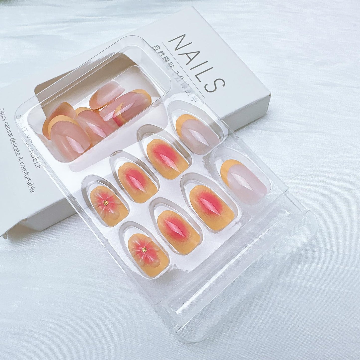 24Pcs Yellow French Tip Press on Nails Short Almond Fake Nails with 3D Flower Glue on Nails Gradient False Nails Summer Acrylic Nail Full Cover Floral Stick on Nail for Women Nail Art Designs