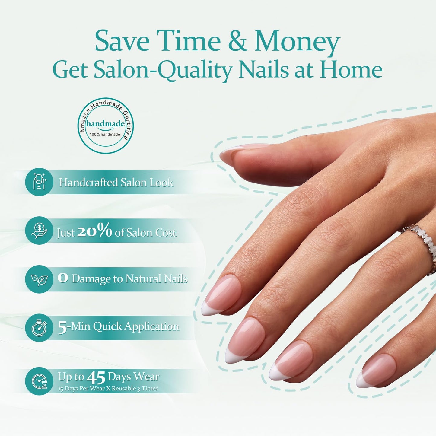 French Tip Press On Nails Short Almond,MOKAYIMO White French Nail Press Ons,10Pcs Handmade Custom-Sized Acrylic False Nails Kit,Natural Look,Salon Quality,Long Lasting,Size S