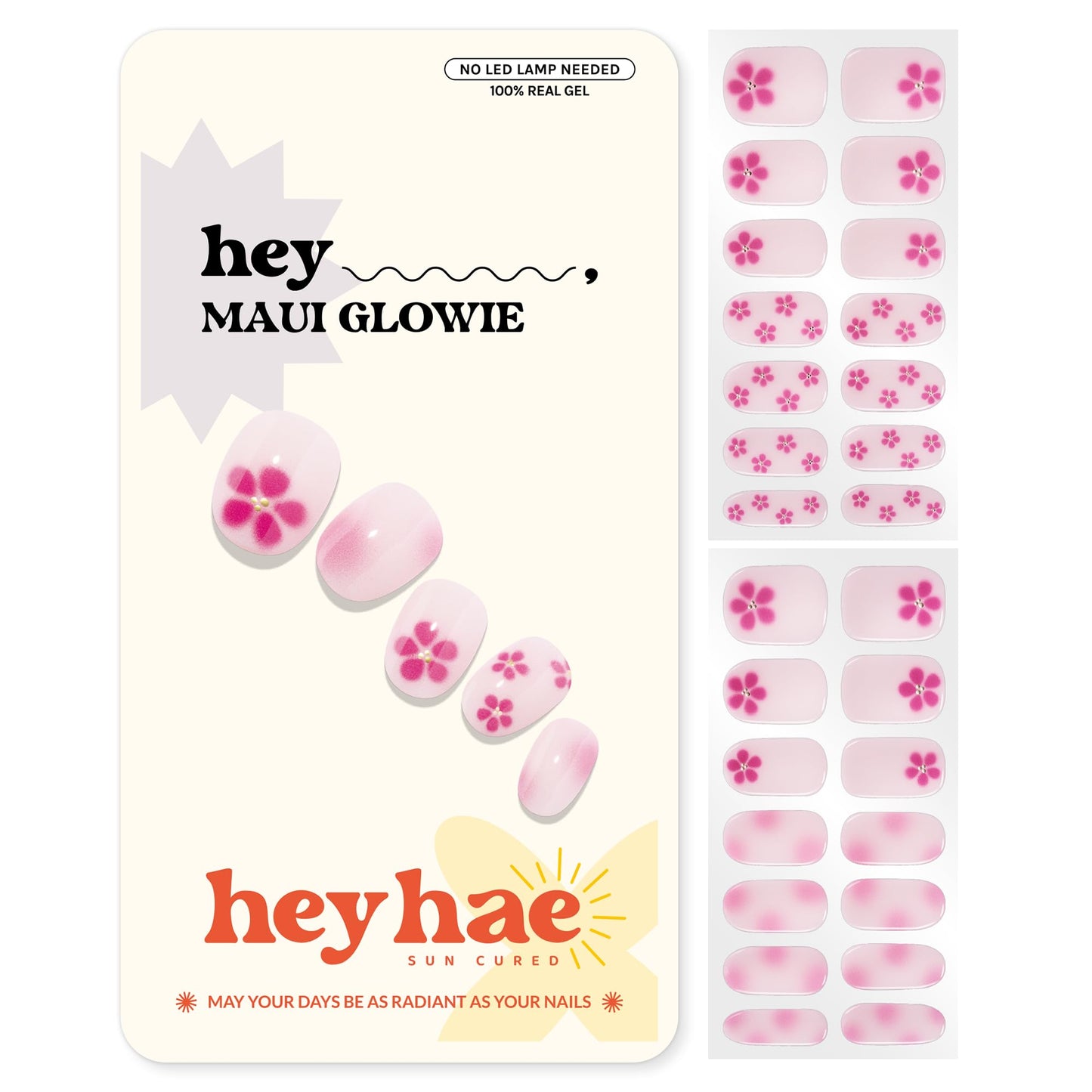 Heyhae Semi Cured Gel Nail Strips | No LED Lamp Needed |Pink, Floral | Easy Apply & Remove, Salon Quality | Includes 28 Strips, 2 Prep Pads, Nail File & Wooden Stick - Hey, Maui Glowie