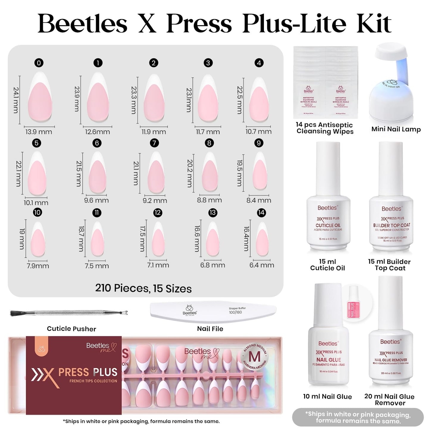 Beetles X Press Plus Gel Nails Kit - Peachy French | Pink Medium Almond French Tip Press On Nails | 210Pcs 15 Sizes All-in-One Kit With Nail Glue,Remover,Builder Top Coat,Nail Lamp Gift For Women