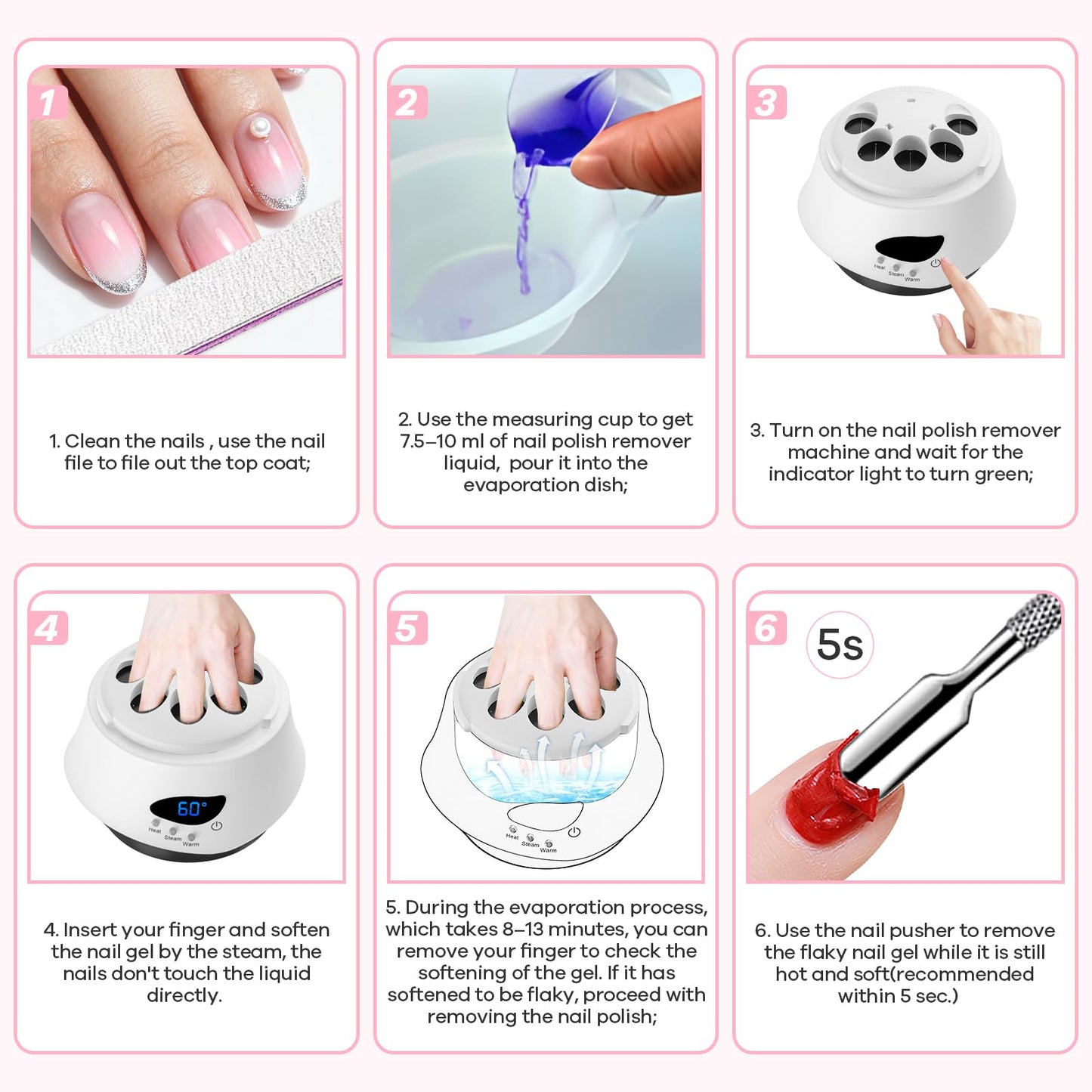 LINBEAUTI 50W Nail Steamer Gel Nail Polish Remover MachineQuick Nail Gel Removal Steamer Acrylic Nail Remover Gel Polish Remover for Salon Home Use Portable Electric Nail Steamer Tools