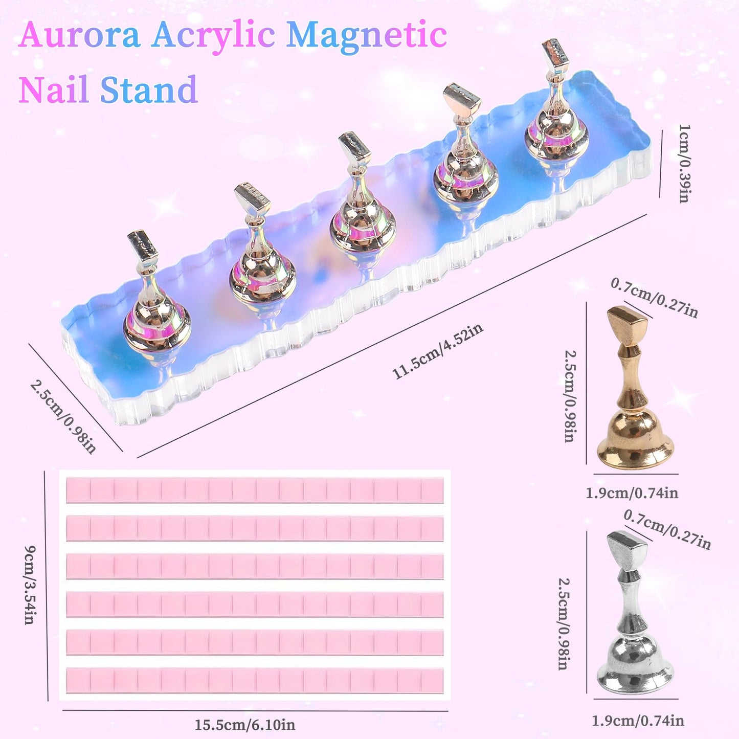 ANGNYA 2 Set Nail Stand, Aurora Nail Holder for Painting Nail Stand for Press on with 96 Pcs Removable Mounting Tapes Nail Display Stand Nail Hand Practice Magnetic Nail Art Tools for Homes and Salons
