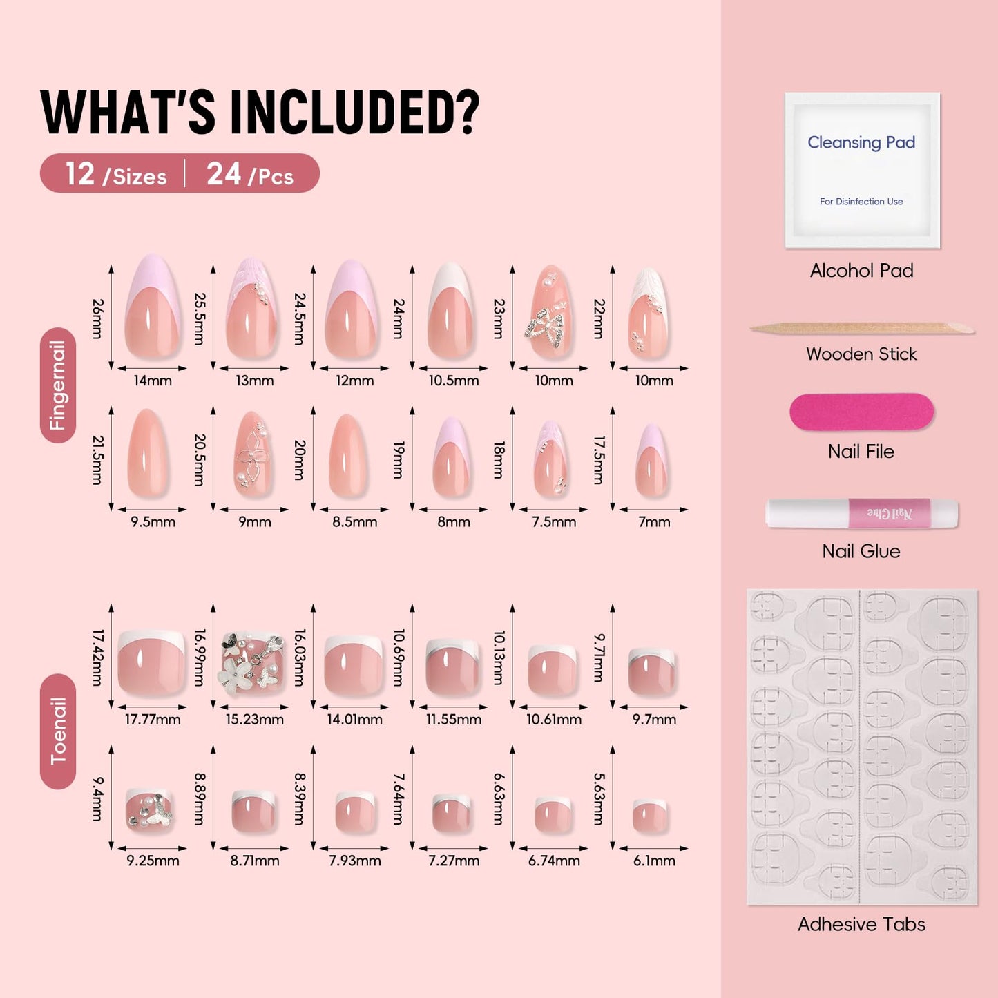 CUZIAM 48pcs 3D Butterfly Press on Nails Toenails Set, Medium Almond Flower Fake Nails & Short Toe Nails with White French Tip Design, Summer Vacation Beach False Toenail with Glue Full Kit for Women