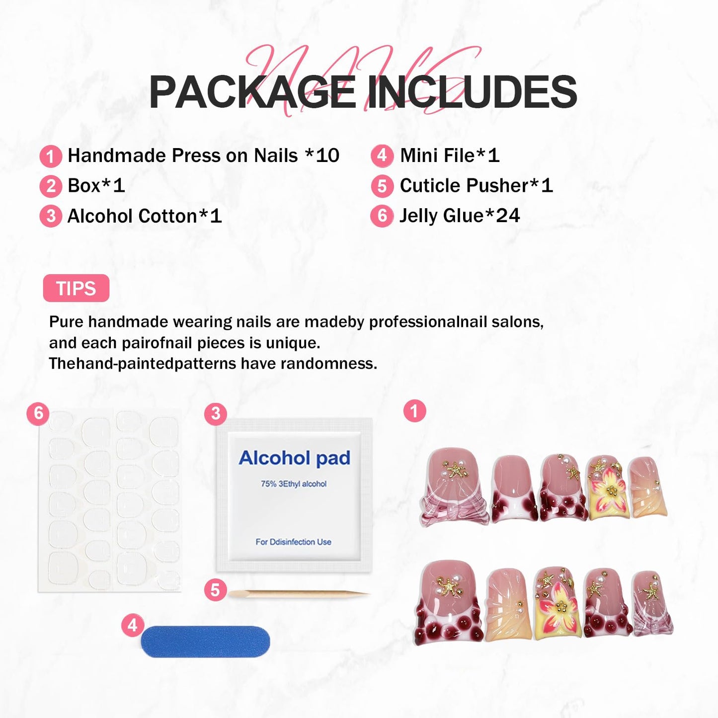 Duck Handmade Press on Nails Short Muti-Layer Gel False Nail Kit Blue Pink French Tip Fake Nails with 3D Flower Starfish and Pearl Design Luxury Artificial Full Cover Stick on Nails for Women (Size S)