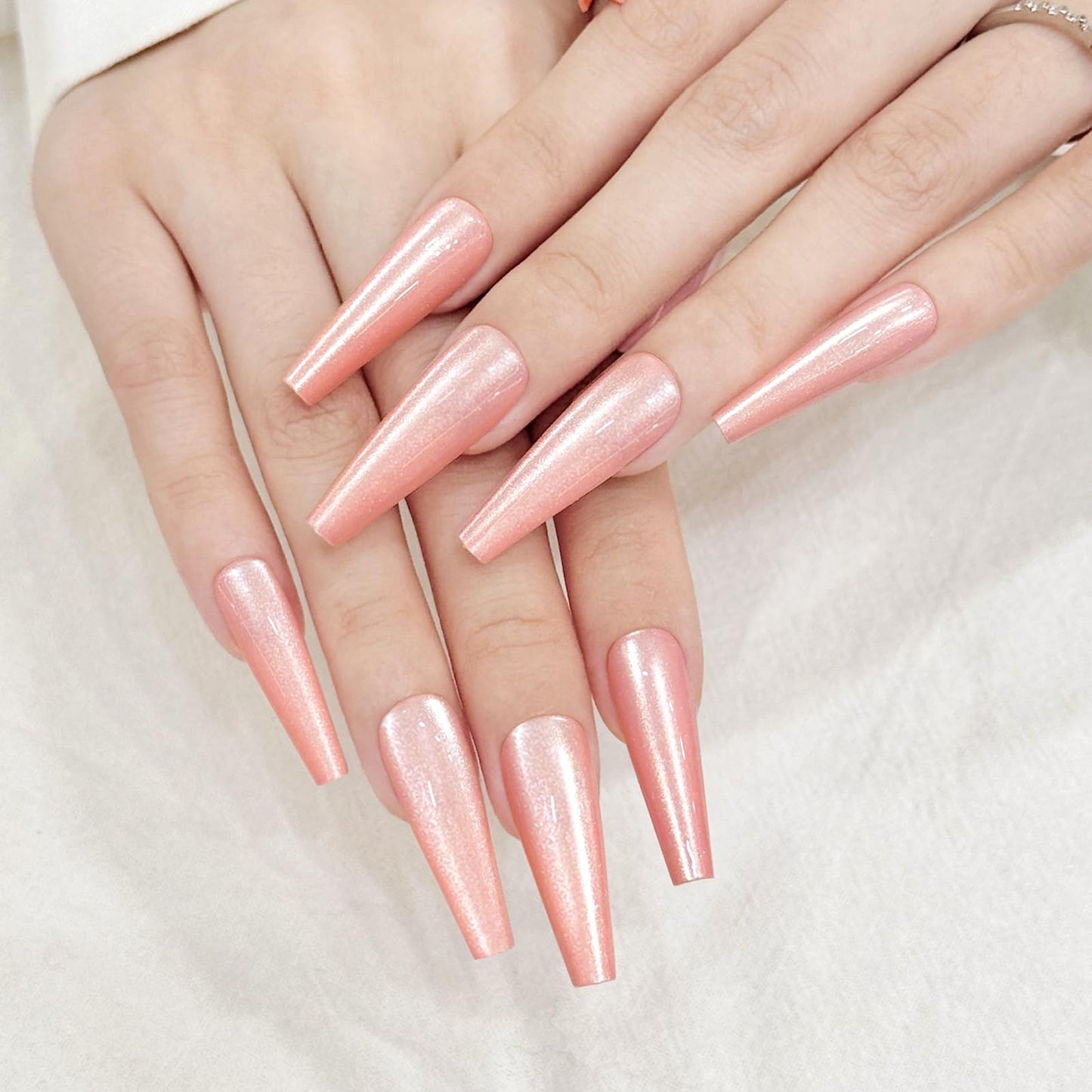 Pink Cat Eyes Press On Nails,12 Sizes - 24 Pcs Soft Gel Pink Long Coffin Fake Nails Kit with Nail Glue, Natural Reusable Stick On False Nails for Women and Girls SK1049