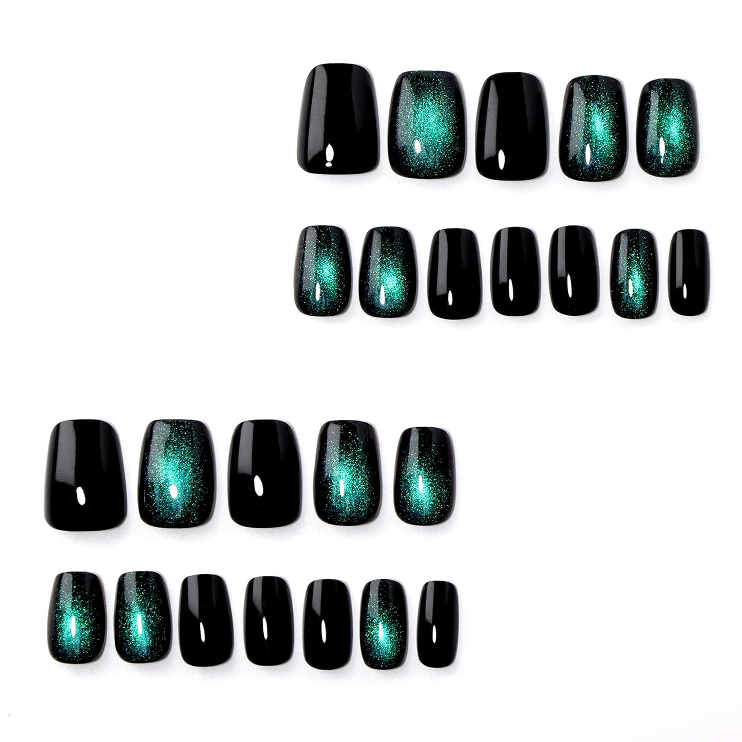HOSAILY Short Press on Nails Cat Eye, Blue Green Galaxy Square Fake Nails with Magnetic Shimmer Design, 24pcs Glossy Handmade Gel Glue on Nails Coffin, Salon Quality Stick on Nails Press Ons for Women