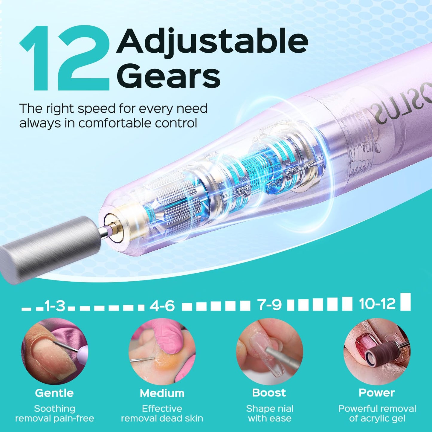COSLUS C50 Cordless Electric Nail Drill : 12-Speed Professional Nail File with LED Display for All Manicure Shaping & Gel Removal, Nail Art Practice Essentials, Home DIY & Portable Travel Use, Purple