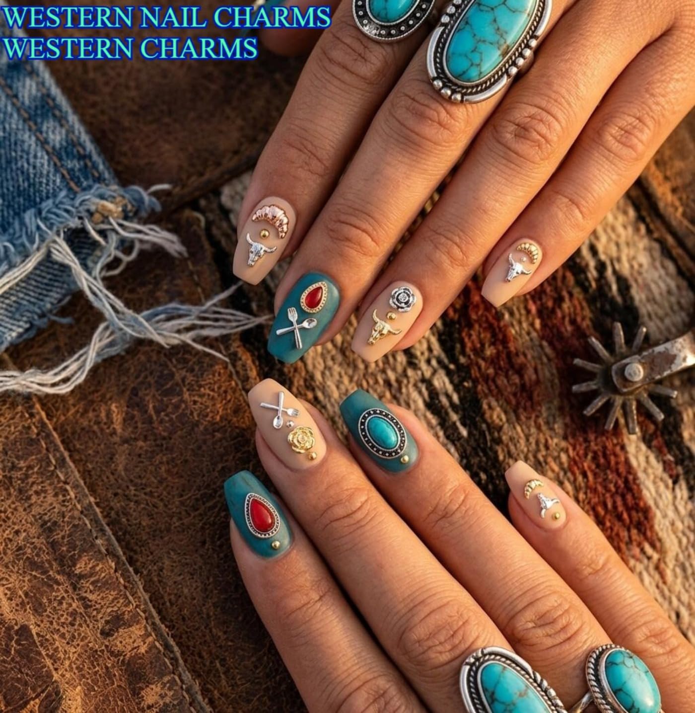 50 PCS Metal Turquoise Nail Charms - Western Cowboy Nail Art Decorations, 3D Nail Gems for DIY Manicure, Mixed Shapes Nail Accessories for Gel Acrylic Nails (C)