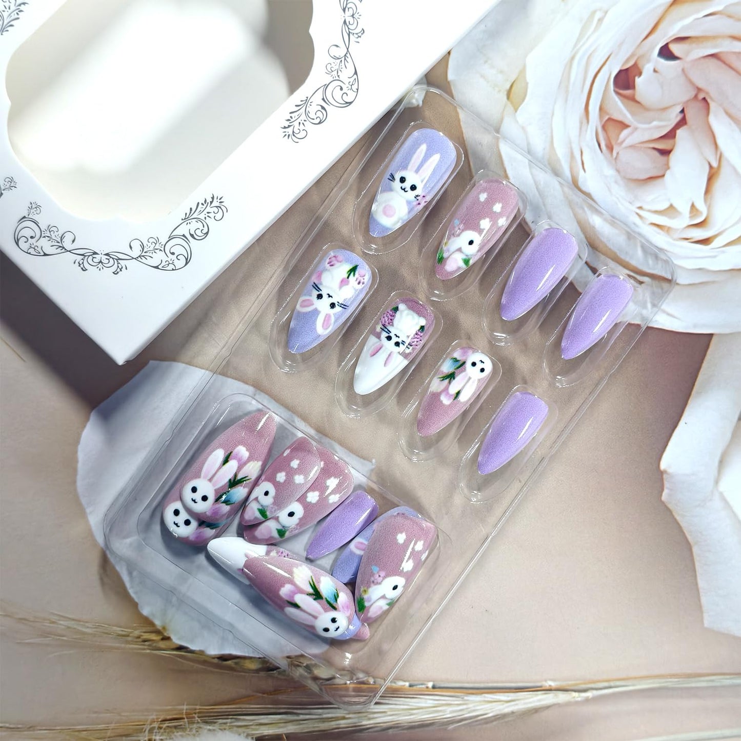 CJDLTS Flowers Easter Press on Nails Medium Artificial Almond Acrylic Fake Nails Cute Cartoon Rabbit Design Press Ons Artificial Fingernails Full Cover Glossy for Women Festival Manicure 24Pcs
