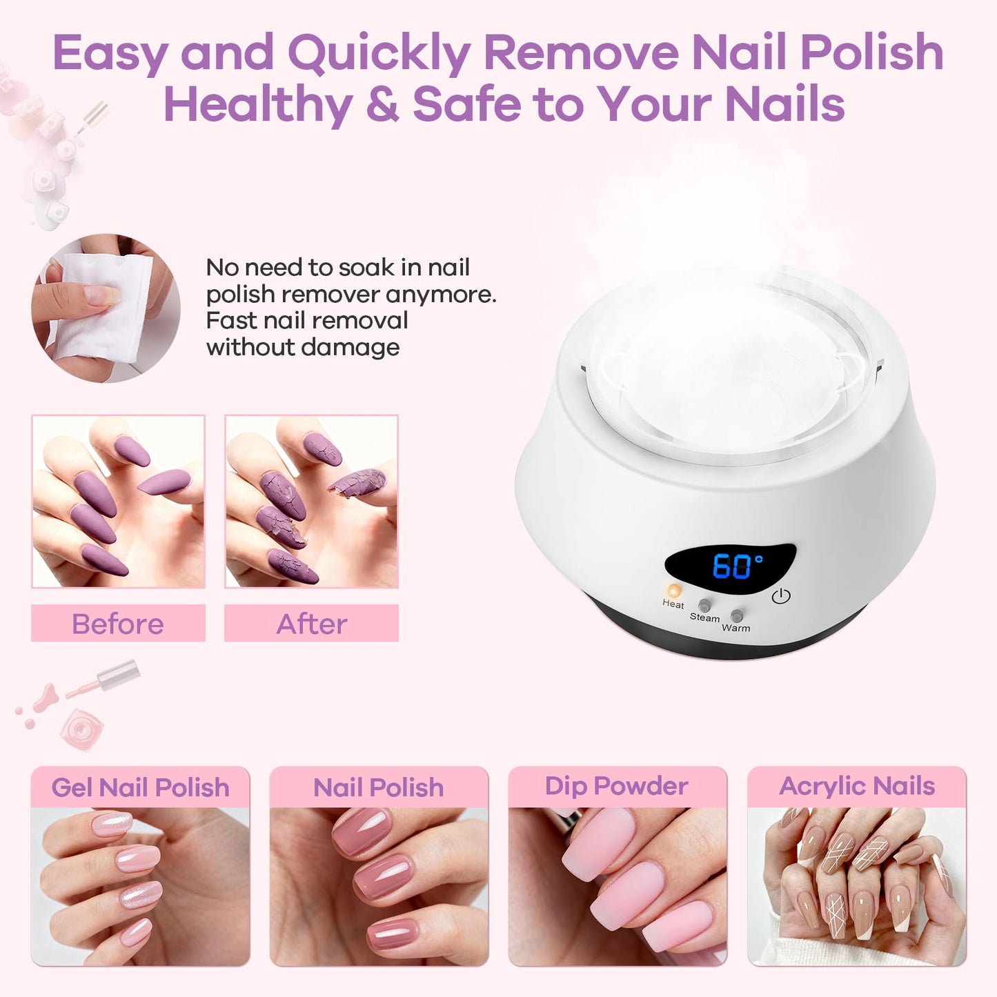 LINBEAUTI 50W Nail Steamer Gel Nail Polish Remover MachineQuick Nail Gel Removal Steamer Acrylic Nail Remover Gel Polish Remover for Salon Home Use Portable Electric Nail Steamer Tools
